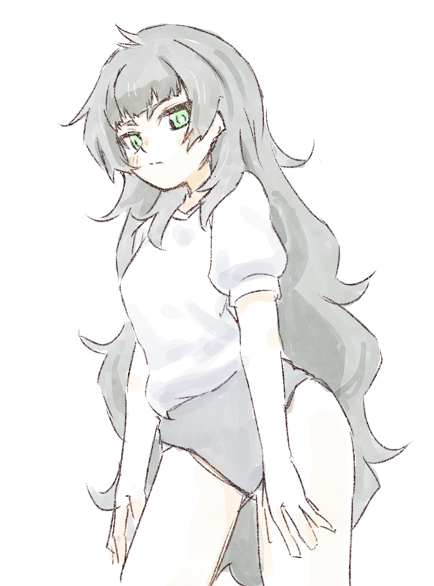 sadarann, hiyajou maho, science adventure, steins;gate, steins;gate 0, commentary request, highres, 1girl, blue buruma, blunt bangsc, blush, buruma, closed mouth, cowboy shot, green eyes, green hair, gym uniform, long hair, looking at viewer, messy hair, short sleeves, simple background, solo, standing, very long hair, white background