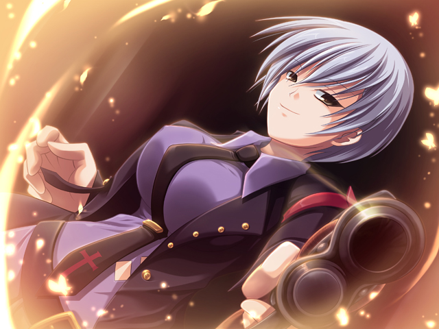 akatuti, ushiromiya kyrie, umineko no naku koro ni, silver hair, 00s, 1girl, armband, belt, breasts, cross, female focus, gun, jacket, large breasts, necktie, short hair, solo, weapon