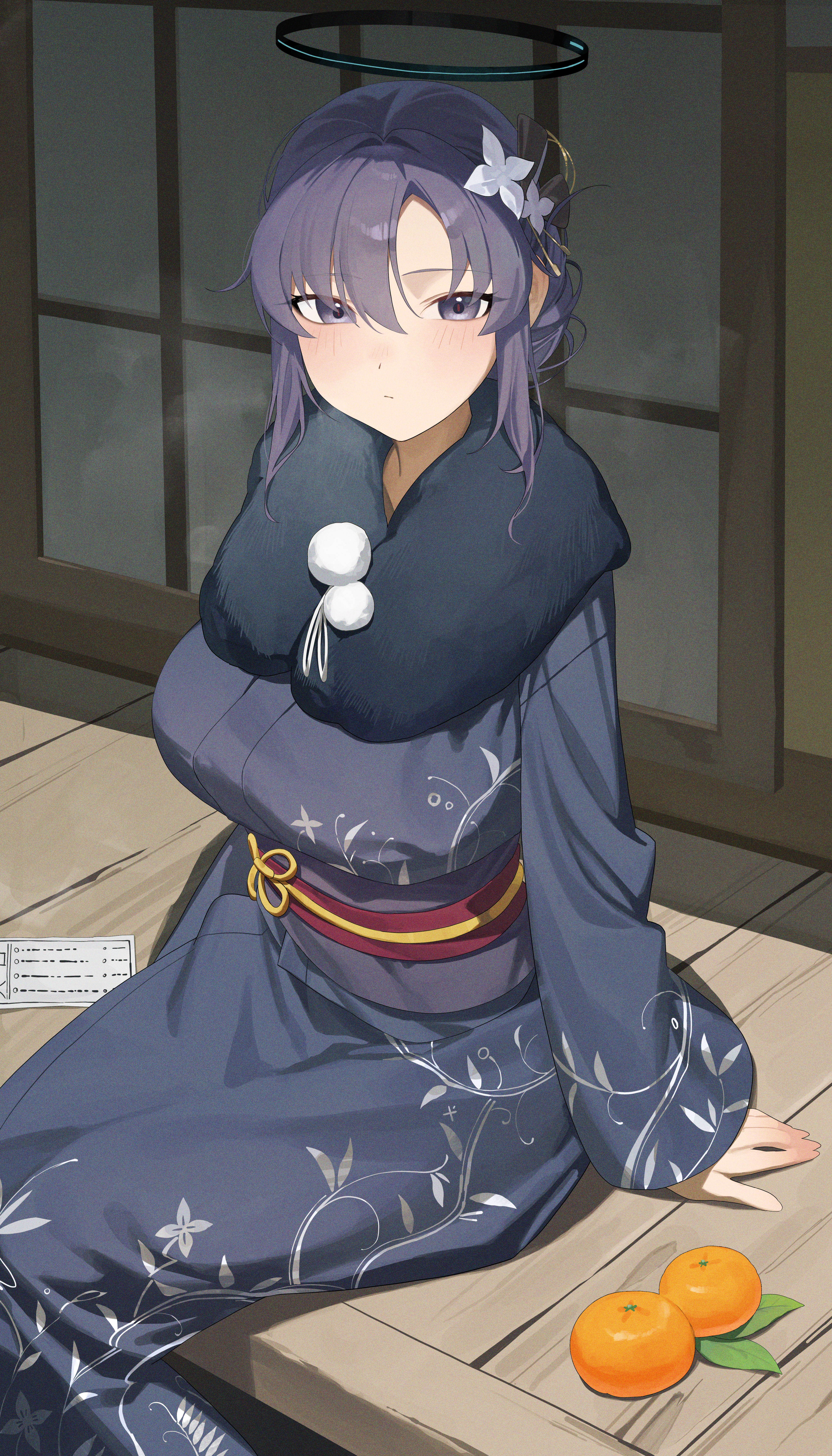 mm (mhm2592), yuuka (blue archive), blue archive, absurdres, commentary, highres, 1girl, :/, alternate costume, arm support, black kimono, blush, breasts, feet out of frame, flower, food, fruit, fur-trimmed kimono, fur trim, furisode, hair flower, hair ornament, halo, japanese clothes, kimono, large breasts, long sleeves, looking at viewer, mandarin orange, obi, omikuji, on floor, purple eyes, purple hair, red pupils, sash, sitting, sliding doors, solo, wooden floor