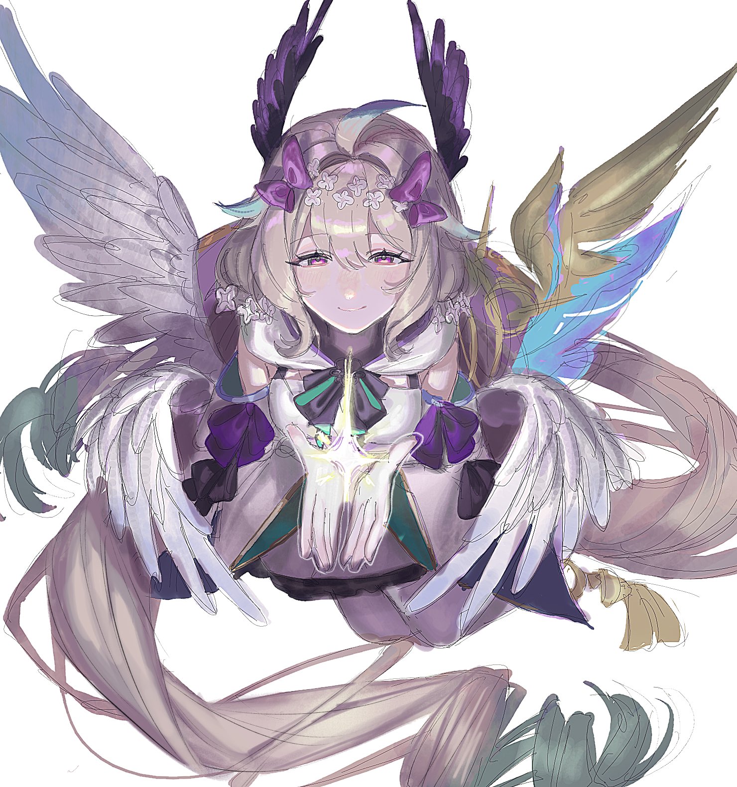 enna alouette, enna alouette (1st costume), nijisanji, nijisanji en, hashtag-only commentary, highres, 1girl, absurdly long hair, ahoge, blonde hair, blush, bow, detached sleeves, flower, hair between eyes, hair bow, hair flower, hair ornament, half-closed eyes, head wings, holding, holding star, long hair, low twintails, low wings, nose blush, purple eyes, simple background, sitting, smile, solo, star (symbol), twintails, very long hair, virtual youtuber, white background, wings, yokozuwari, yyyu 3