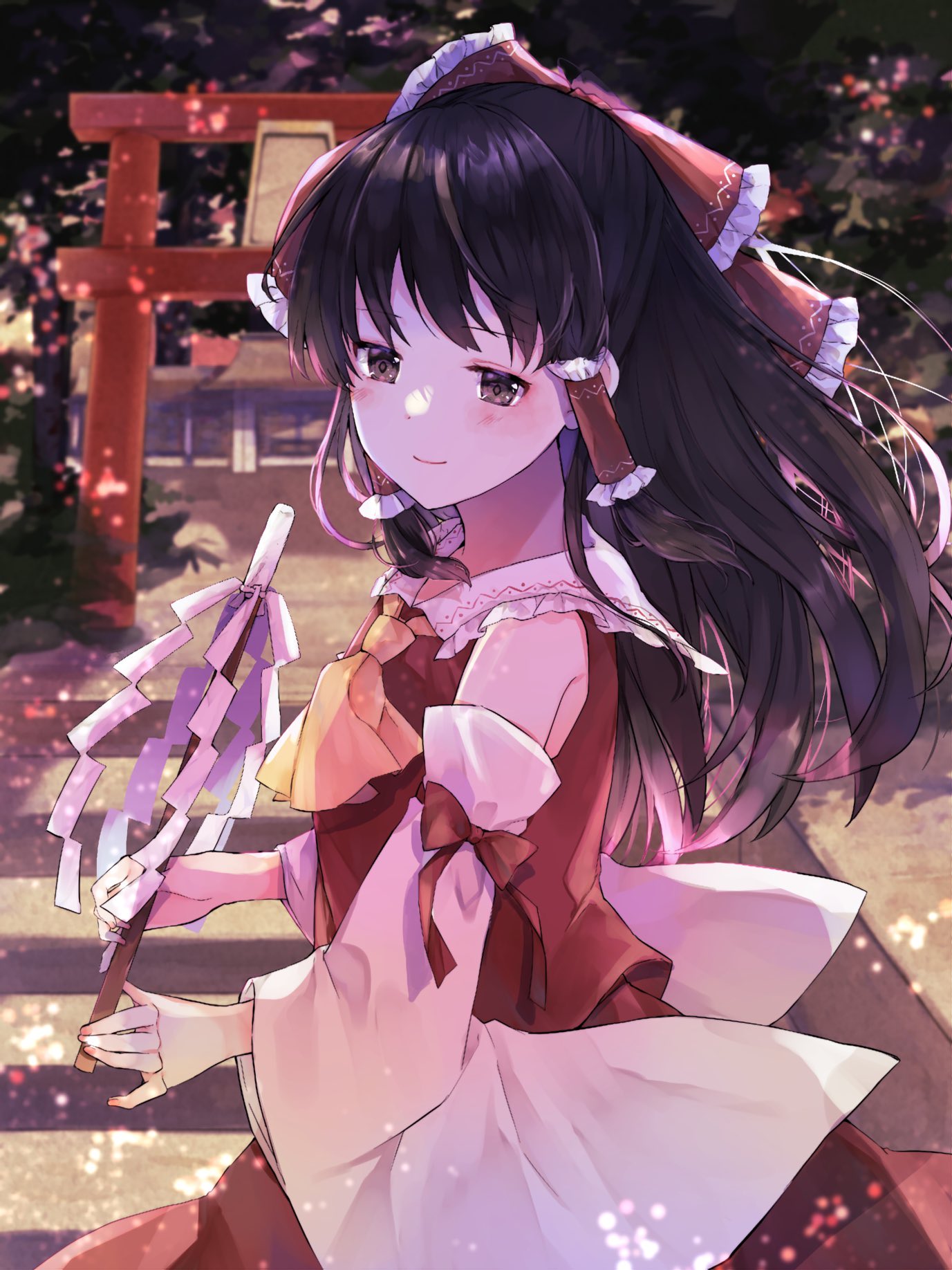 minatsuki yurara, hakurei reimu, touhou, commentary request, highres, 1girl, ascot, bow, brown eyes, brown hair, closed mouth, detached sleeves, frilled bow, frilled hair tubes, frills, gohei, hair bow, hair tubes, holding, holding gohei, long hair, outdoors, red bow, red skirt, skirt, skirt set, smile, solo, stairs, torii, yellow ascot