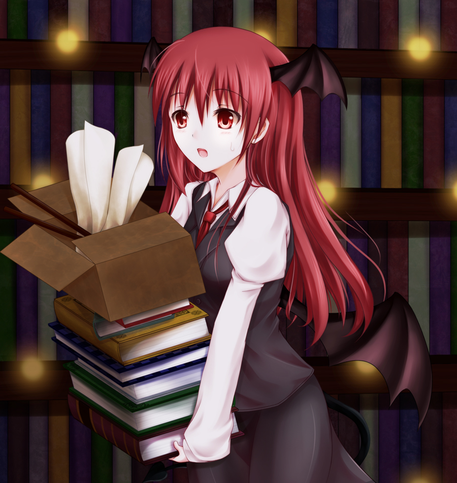 cofi (eternal), eternal, koakuma, embodiment of scarlet devil, touhou, 1girl, bat wings, book, bookshelf, box, carrying, female focus, head wings, long hair, red eyes, red hair, solo, sweatdrop, wings