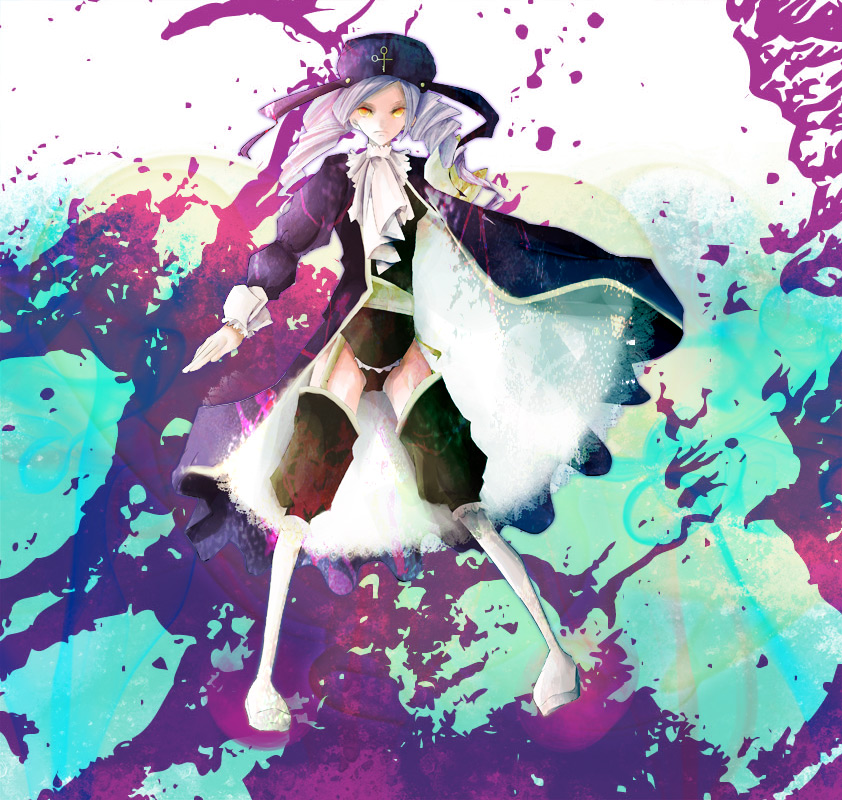 toukoku sasaiko, dlanor a. knox, eiserne jungfrau, umineko no naku koro ni, bad id, bad pixiv id, 00s, drill hair, frills, garter straps, hat, purple hair, solo, yellow eyes