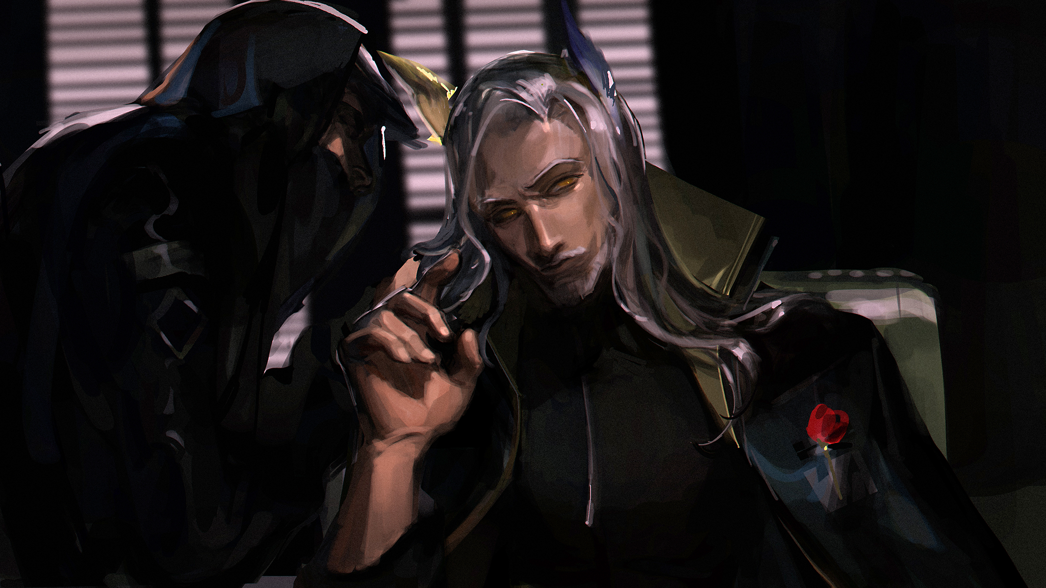 eucharist (susukinoo), doctor (arknights), hellagur (arknights), arknights, commentary, highres, 2boys, animal ears, beard, black jacket, facial hair, flower, grey hair, hair wings, hood, hood up, indoors, jacket, long hair, looking at viewer, male focus, mask, multiple boys, mustache, old, old man, rose, upper body, window blinds, yellow eyes