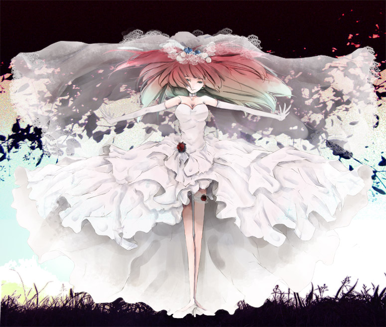 toukoku sasaiko, ushiromiya ange, umineko no naku koro ni, bad id, bad pixiv id, 00s, 1girl, bare shoulders, blue eyes, bridal veil, bride, choker, dress, elbow gloves, female focus, flower, frilled thigh strap, full body, gloves, hair bobbles, hair ornament, high heels, legs, long hair, red hair, shoes, sleeveless, solo, thigh strap, veil, wedding dress