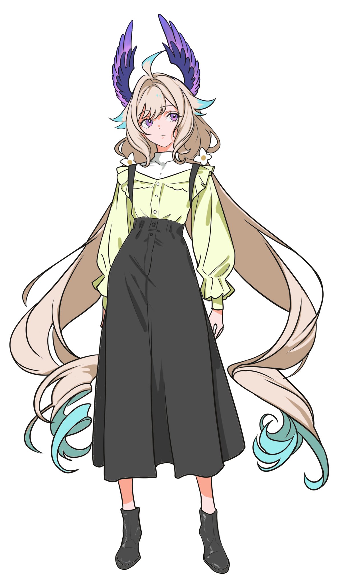 fif 228, enna alouette, nijisanji, nijisanji en, commentary, english commentary, highres, 1girl, aqua hair, blonde hair, dress, expressionless, flat chest, flower, full body, hair flower, hair ornament, head wings, high-waist skirt, long hair, low twintails, multicolored hair, parted lips, purple eyes, shoes, simple background, skirt, solo, standing, twintails, two-tone hair, very long hair, virtual youtuber, white background, wings