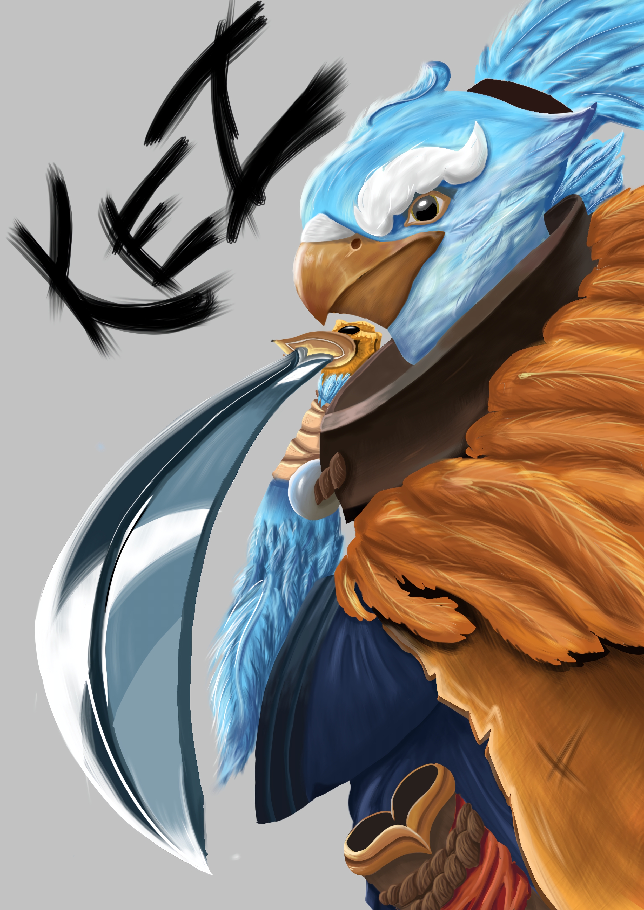 dota (series), dota 2, absurdres, highres, non-web source, beak, feathers, grey background, holding, holding sword, holding weapon, katana, kez (dota 2), realistic, samurai, sword, weapon