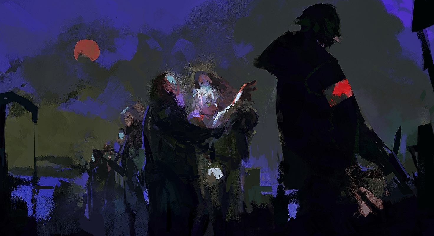 eucharist (susukinoo), faust (arknights), reunion soldier (arknights), arknights, commentary, 4boys, armband, carrying, cloud, coat, dark, faux traditional media, full moon, gun, holding, hood, hood up, long sleeves, moon, multiple boys, multiple girls, night, outdoors, painterly, red moon, short hair, silhouette, sketch, sky, standing, weapon, white hair