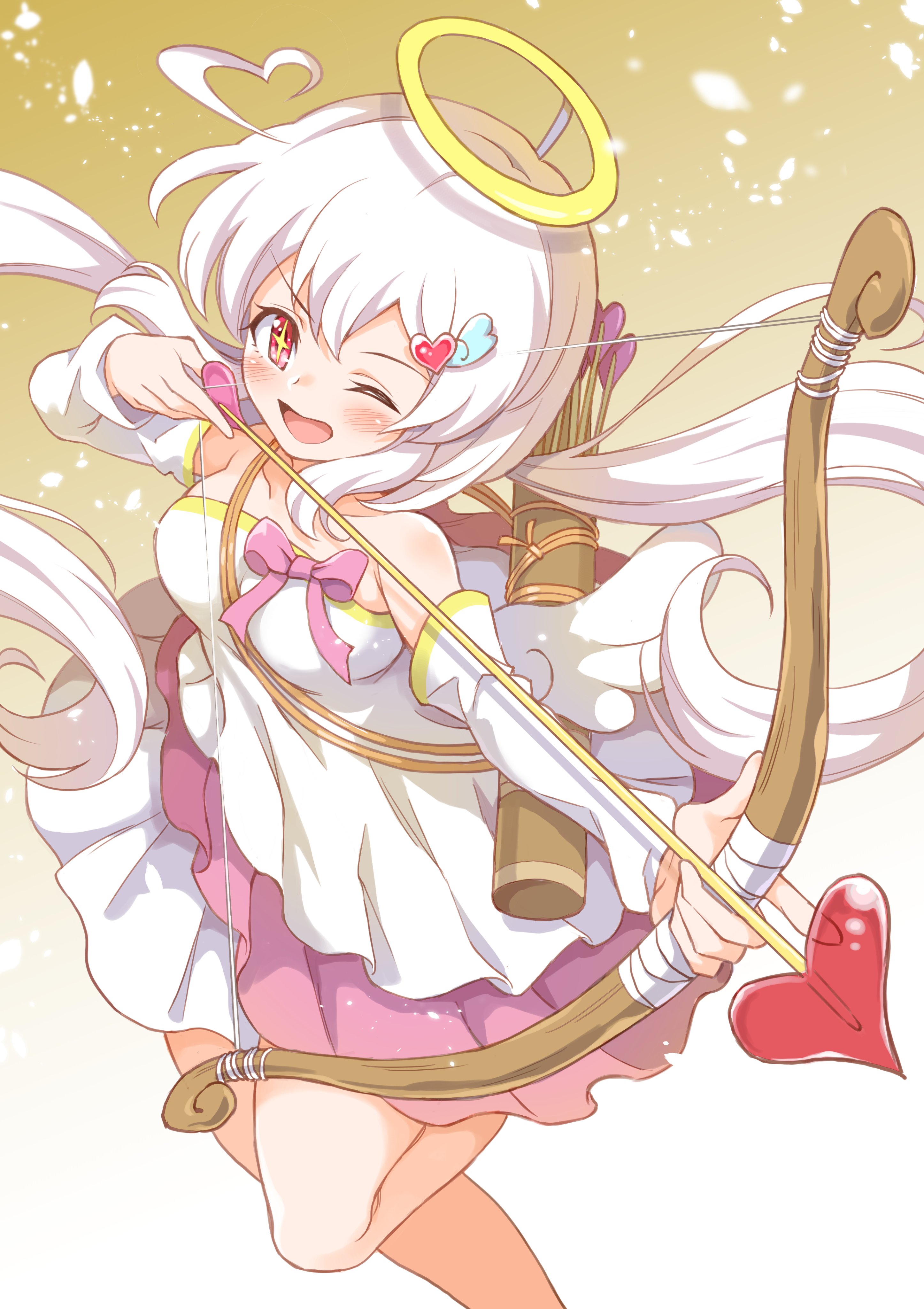 amane karen, jikkyou powerful pro yakyuu, power pro appli, absurdres, commentary request, highres, + +, 1girl, ahoge, arrow (projectile), bare shoulders, bow, bow (weapon), detached sleeves, dress, dress bow, hair ornament, halo, heart, heart ahoge, heart hair ornament, holding, holding bow (weapon), holding weapon, long hair, low twintails, multicolored dress, off-shoulder dress, off shoulder, one eye closed, pawahotel3021, pink bow, pink dress, pink hair, quiver, red eyes, solo, traditional halo, twintails, weapon, white dress, white wings, wings
