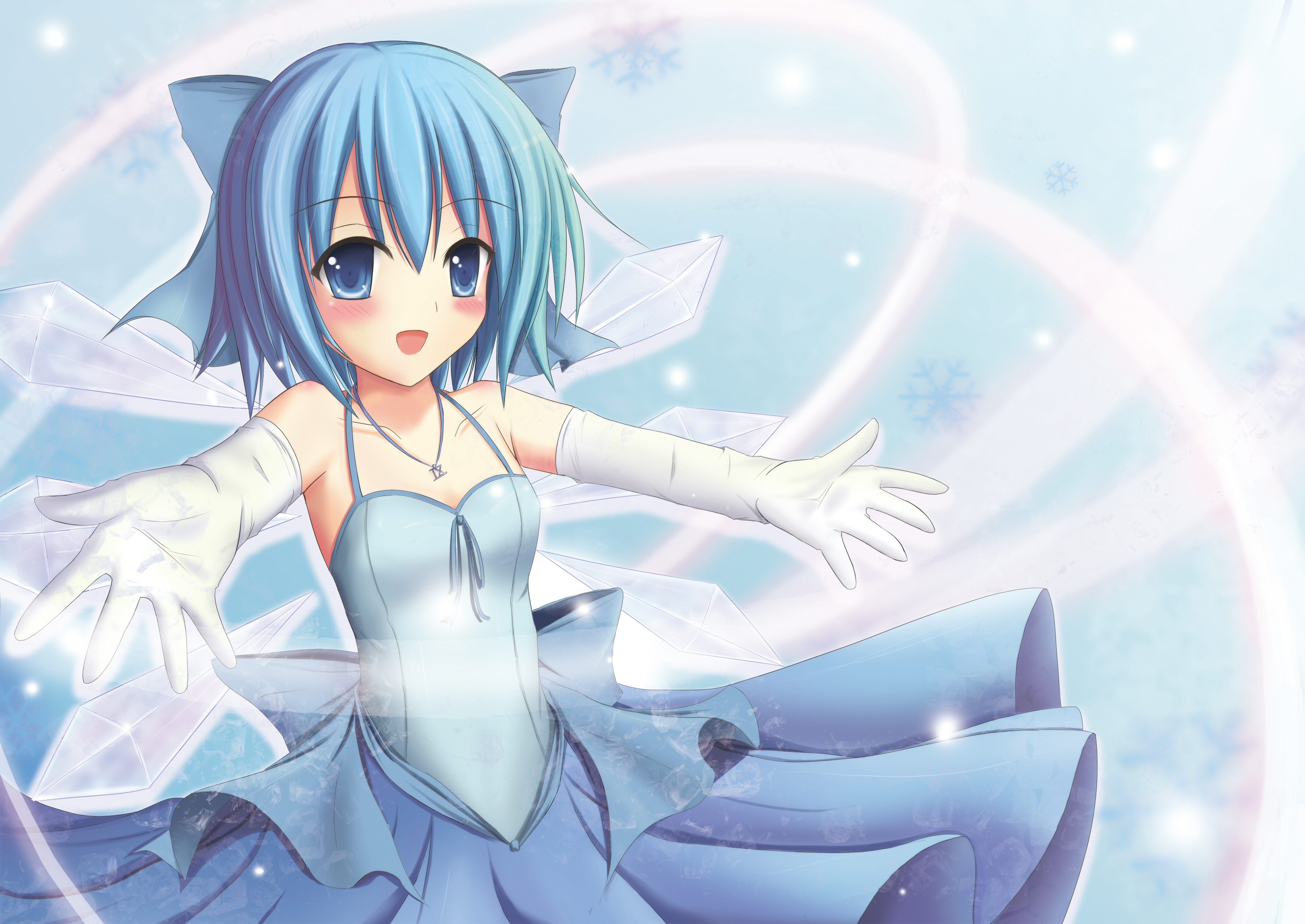 yuzin, cirno, touhou, absurdres, bad id, bad pixiv id, highres, 1girl, bare shoulders, blue eyes, blue hair, bow, dress, elbow gloves, female focus, foreshortening, gloves, hair bow, ice, jewelry, matching hair/eyes, necklace, outstretched arms, short hair, solo, spread arms, wings