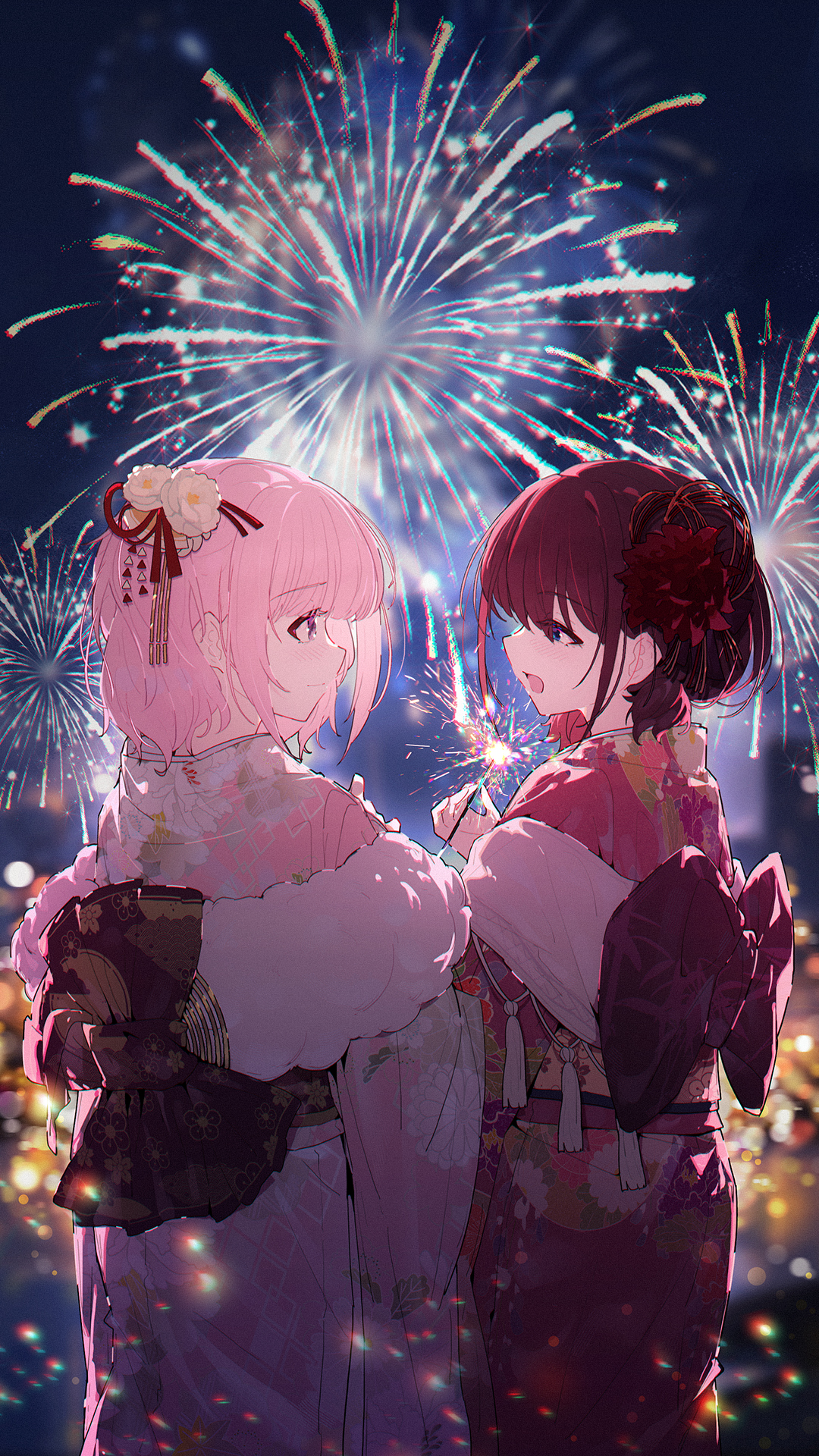 yun cao bing, hina (girls band cry), iseri nina, girls band cry, chinese commentary, commentary request, highres, 2girls, aerial fireworks, blue eyes, blush, brown hair, closed mouth, fireworks, flower, grey eyes, hair flower, hair ornament, holding, holding fireworks, japanese clothes, kimono, looking at another, low twintails, multiple girls, open mouth, pink hair, pink kimono, red kimono, red ribbon, ribbon, short hair, sparkler, twintails