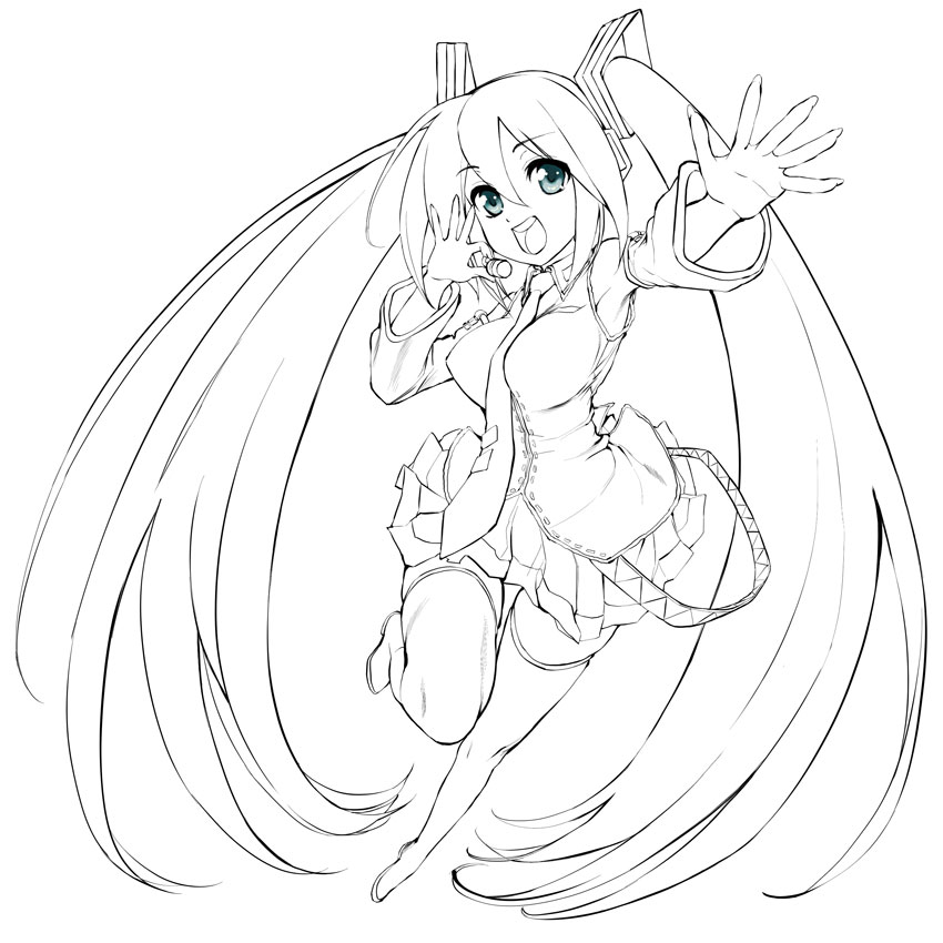 maruyama, hatsune miku, vocaloid, 1girl, breasts, detached sleeves, female focus, foreshortening, full body, greyscale, headset, long hair, monochrome, necktie, simple background, skirt, solo, thighhighs, twintails, very long hair, white background, zettai ryouiki