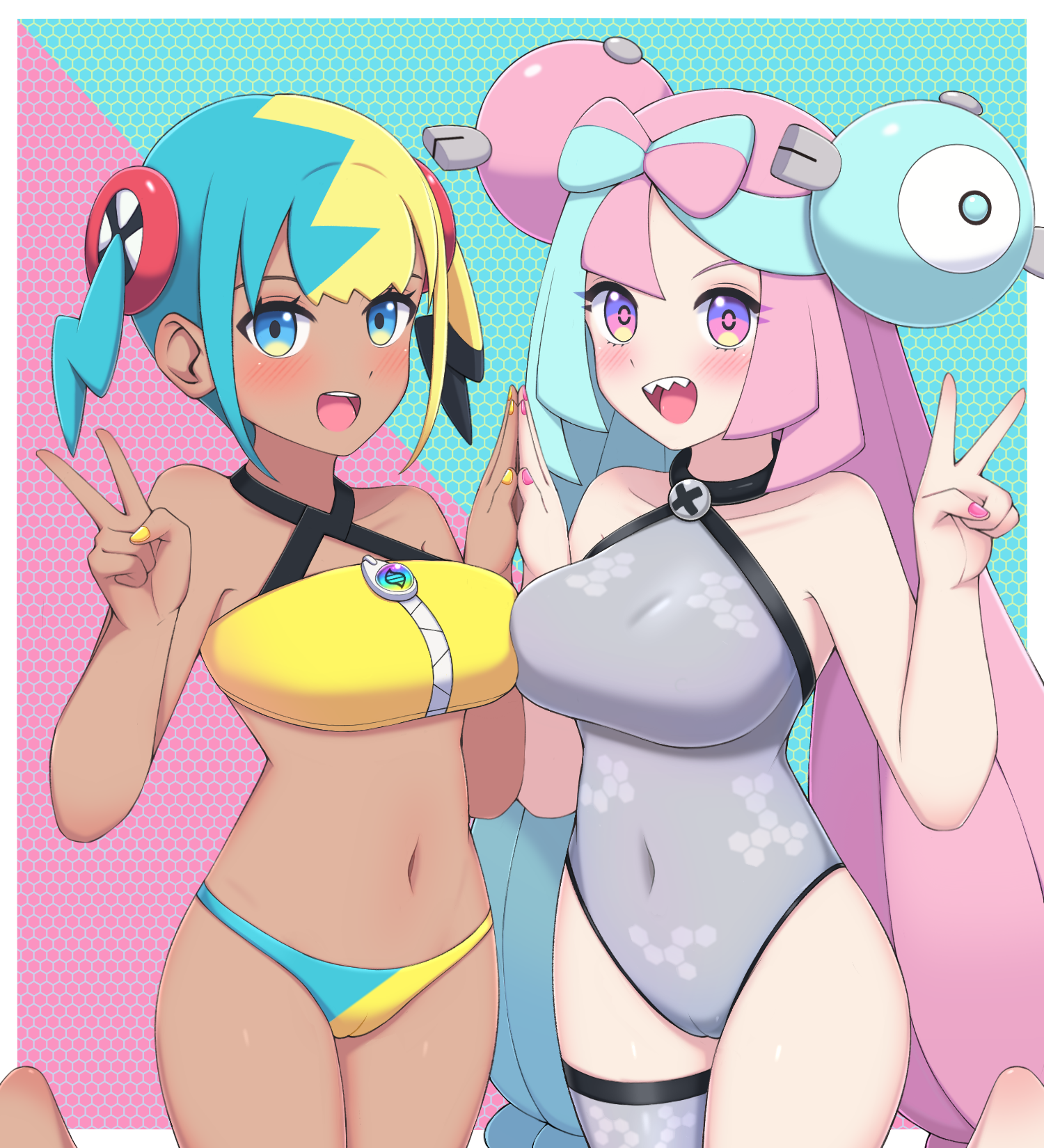 x (zvkm7328), canari (pokemon), iono (pokemon), nintendo, pokemon, pokemon legends: z-a, pokemon sv, highres, breasts, dark-skinned female, dark skin, medium breasts, multiple girls, open mouth, sharp teeth, teeth