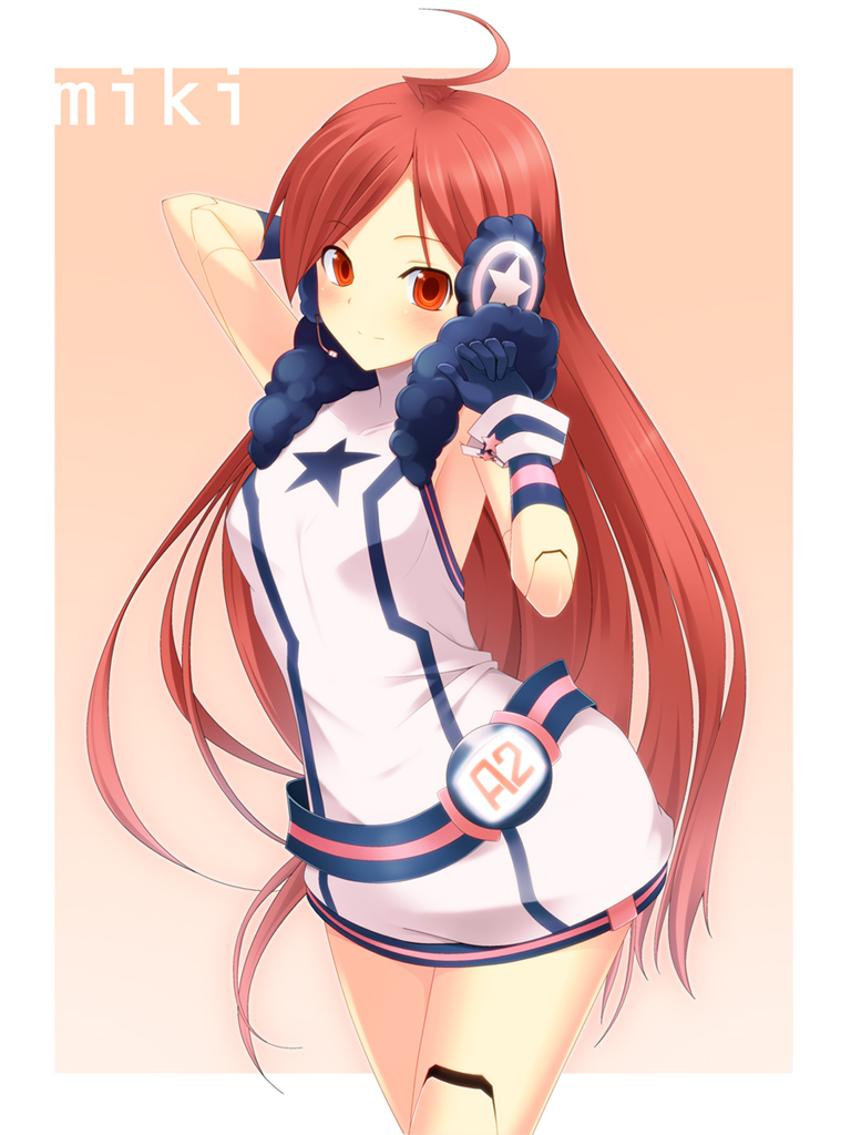 koikeya, sf-a2 miki, vocaloid, bad id, bad pixiv id, md5 mismatch, 1girl, ahoge, belt, blush, curvy, dress, female focus, gloves, headphones, headset, long hair, red eyes, red hair, solo, star (symbol), striped clothes, striped gloves, very long hair, wrist cuffs
