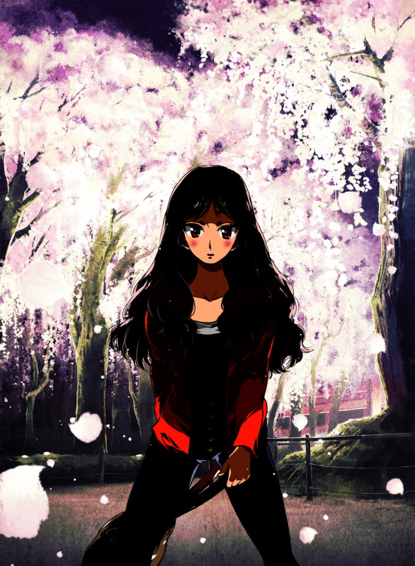 kobayashi jin, bag, black hair, cherry blossoms, long hair, night, pants, solo