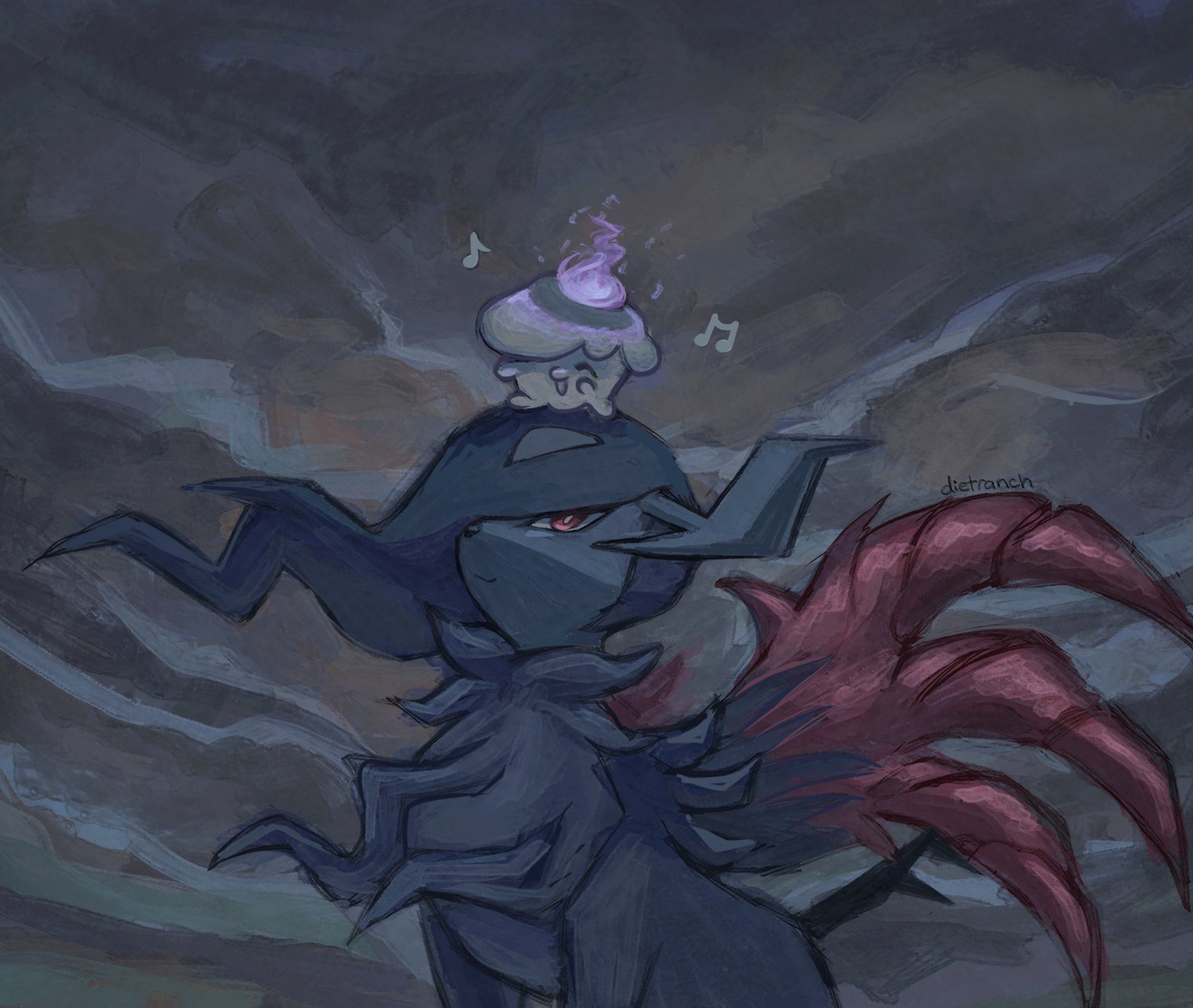 dietranch, absol, litwick, mega absol z, nintendo, pokemon, highres, animal focus, asymmetrical horns, black fur, black hair, body fur, candle, claws, closed eyes, closed mouth, fire, gen 3 pokemon, gen 5 pokemon, hair over one eye, horns, mega pokemon, musical note, no humans, on head, one eye covered, open mouth, pokemon (creature), pokemon focus, pokemon on head, purple fire, red eyes, red wings, smile, uneven horns, wings, yellow eyes