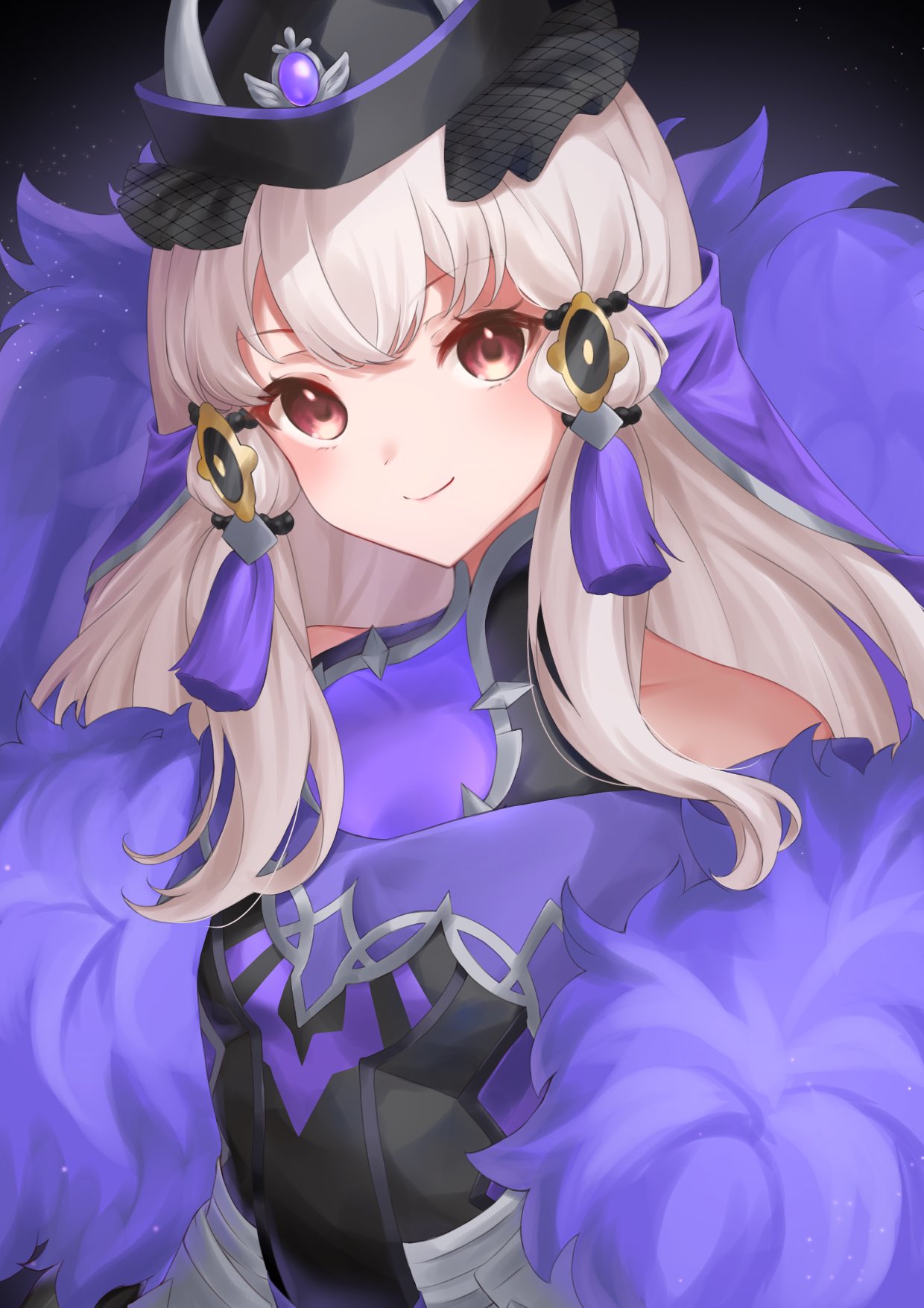 ell 0314, lysithea von ordelia, lysithea von ordelia (earnest seeker) (resplendent), lysithea von ordelia (timeskip), fire emblem, fire emblem: three houses, fire emblem heroes, nintendo, commentary request, highres, 1girl, black dress, blush, breasts, closed mouth, dress, fur-trimmed dress, fur trim, hair ornament, hat, long hair, looking at viewer, official alternate costume, pink eyes, purple dress, simple background, small breasts, smile, solo, tassel, tassel hair ornament, upper body, white hair