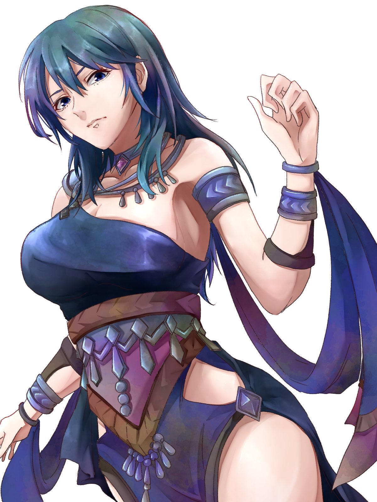 sturm fe k11, female byleth (fire emblem), fire emblem, fire emblem: three houses, nintendo, commentary request, highres, 1girl, alternate costume, ancient greek clothes, armlet, armpits, bare arms, bare shoulders, black dress, blue eyes, blue hair, breasts, choker jewel, cleavage, closed mouth, collarbone, dancer, dancer (fire emblem: three houses), dress, greco-roman clothes, hair between eyes, jewelry, large breasts, long hair, looking at viewer, medium hair, pelvic curtain, simple background, single-shoulder dress, single strap, solo, thighs, white background
