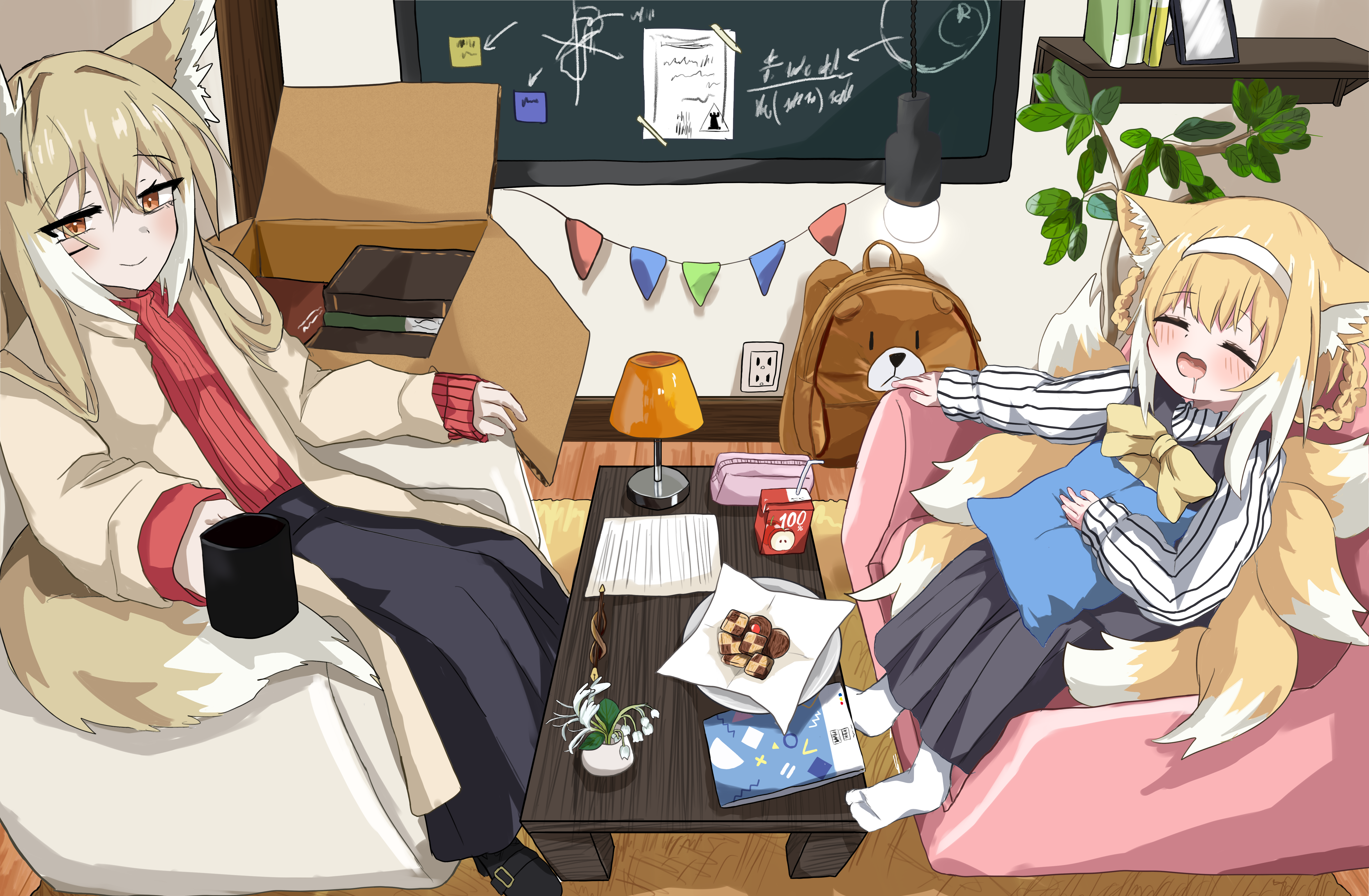 chefcooo jk, suzuran (arknights), vulpisfoglia (arknights), arknights, absurdres, commentary, highres, 2girls, animal ears, armchair, backpack, bag, black dress, black shoes, black skirt, blonde hair, book, box, brown bag, brown coat, candy, cardboard box, chair, closed eyes, coat, colored tips, cup, dress, flower, food, fox ears, fox girl, fox tail, hairband, holding, holding cup, kitsune, kyuubi, lamp, layered sleeves, lily of the valley, long skirt, long sleeves, mother and daughter, mug, multicolored hair, multiple girls, multiple tails, official alternate costume, open mouth, orange eyes, pinafore dress, red sweater, ribbed sweater, scar, scar on face, shirt, shoes, sitting, skirt, sleeveless, sleeveless dress, socks, string of flags, striped clothes, striped shirt, sweater, tail, two-tone hair, unworn backpack, unworn bag, vertical-striped clothes, vertical-striped shirt, white hair, white hairband, white shirt, white socks