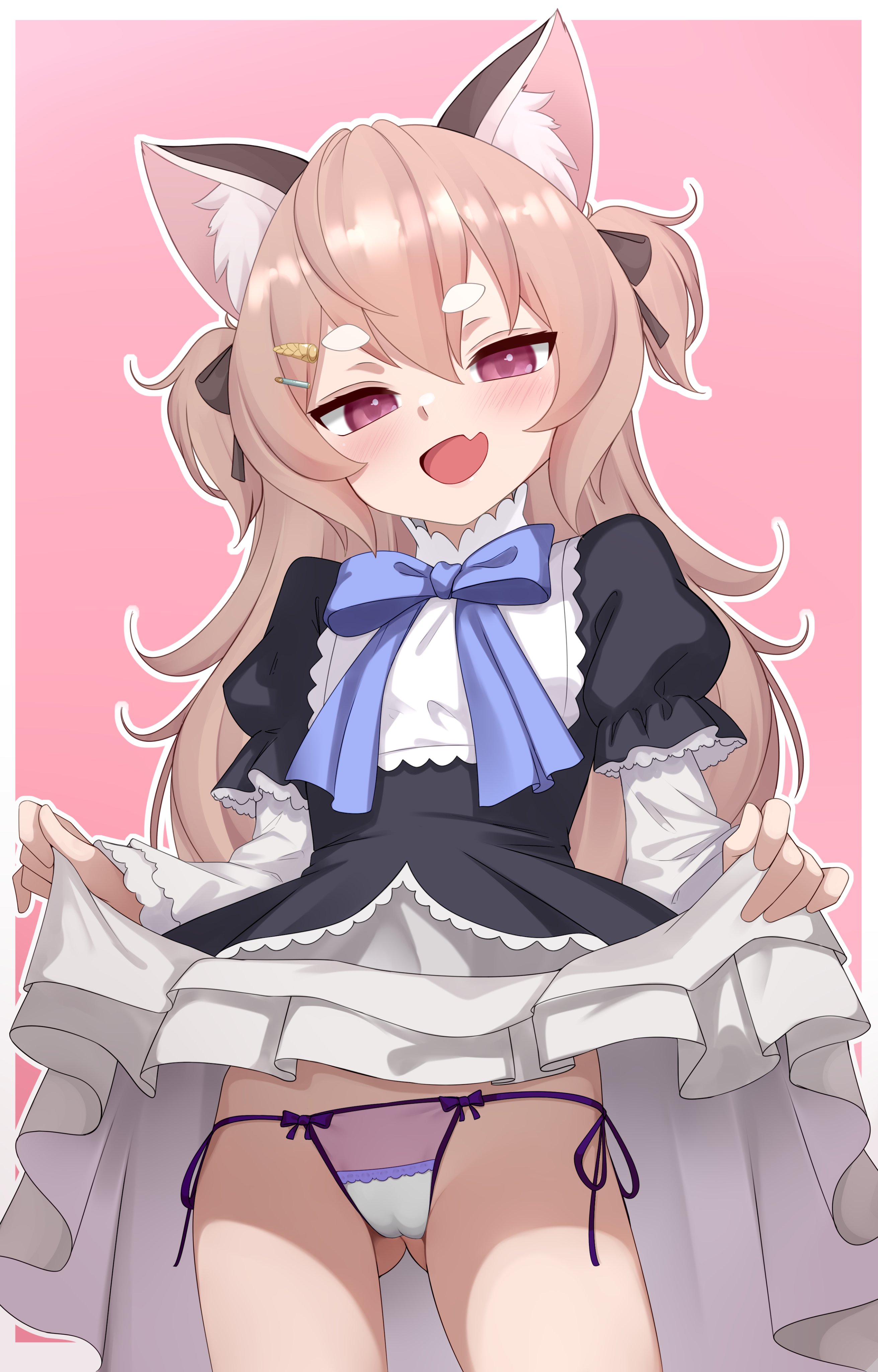 chenki (chenki), komachi panko, phase connect, absurdres, highres, 1girl, animal ear fluff, animal ears, black dress, bow, cameltoe, clothes lift, dress, dress lift, fang, gluteal fold, layered sleeves, lifting own clothes, long hair, long sleeves, looking at viewer, open mouth, panties, pink background, puffy sleeves, short over long sleeves, short sleeves, side-tie panties, smile, solo, underwear, white panties