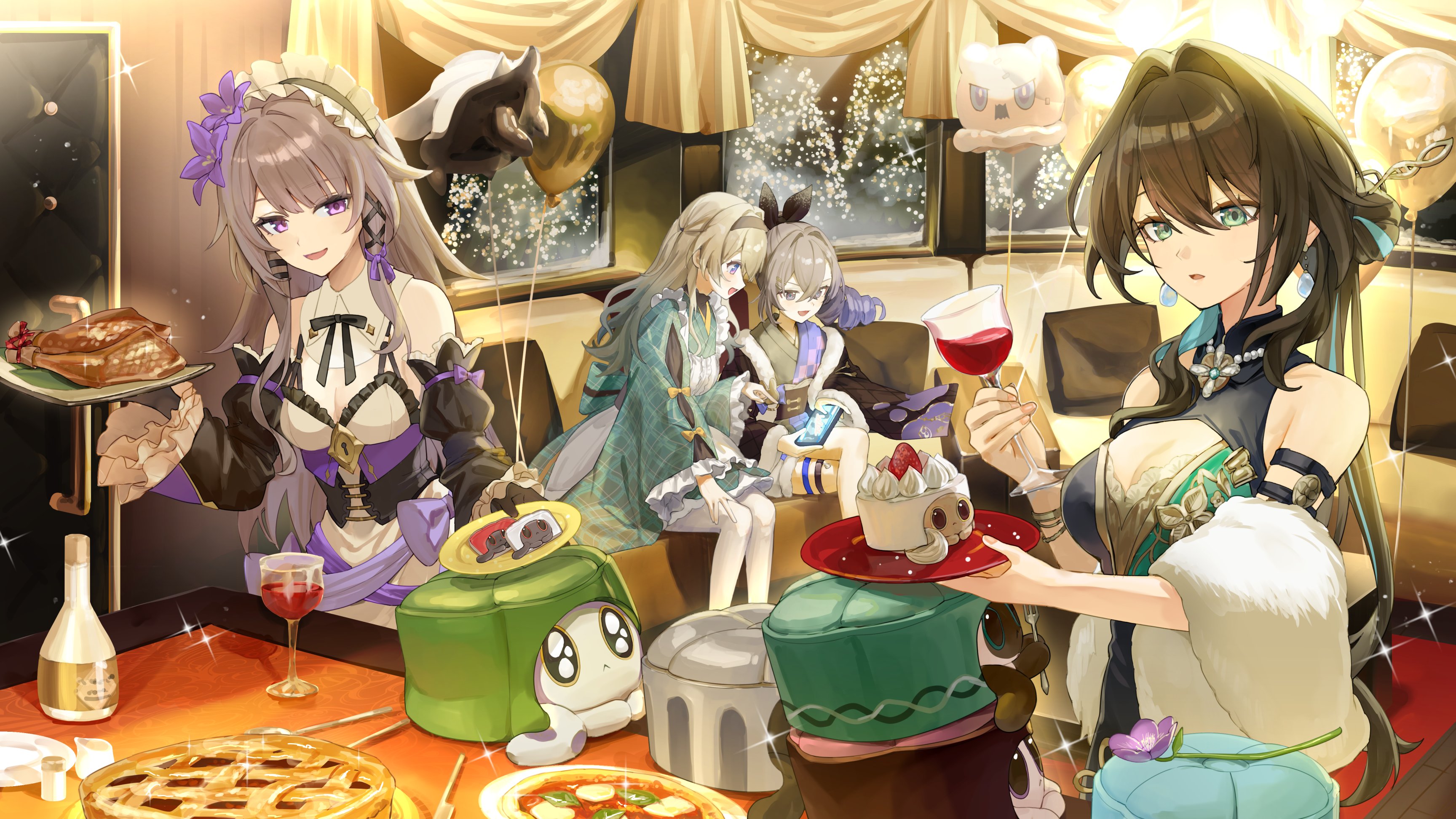 roena, cake cat (honkai: star rail), firefly (honkai: star rail), herta (honkai: star rail), ruan mei (honkai: star rail), silver wolf (honkai: star rail), the herta (honkai: star rail), trotter (honkai: star rail), wubbaboo (honkai: star rail), honkai: star rail, honkai (series), absurdres, commentary request, highres, 4girls, alcohol, alternate costume, arm strap, armor, balloon, bare shoulders, black hair, breasts, brown hair, chinese clothes, cleavage, clothing cutout, cup, detached sleeves, dress, drill hair, drinking glass, food, frills, fur trim, gradient hair, green eyes, grey hair, hair ornament, hairclip, holding, holding cup, indoors, japanese armor, long sleeves, looking at object, looking at viewer, multicolored hair, multiple girls, new year, open mouth, purple eyes, red wine, ribbon, sitting, sleeveless, smile, standing, streaked hair, wine, wine glass