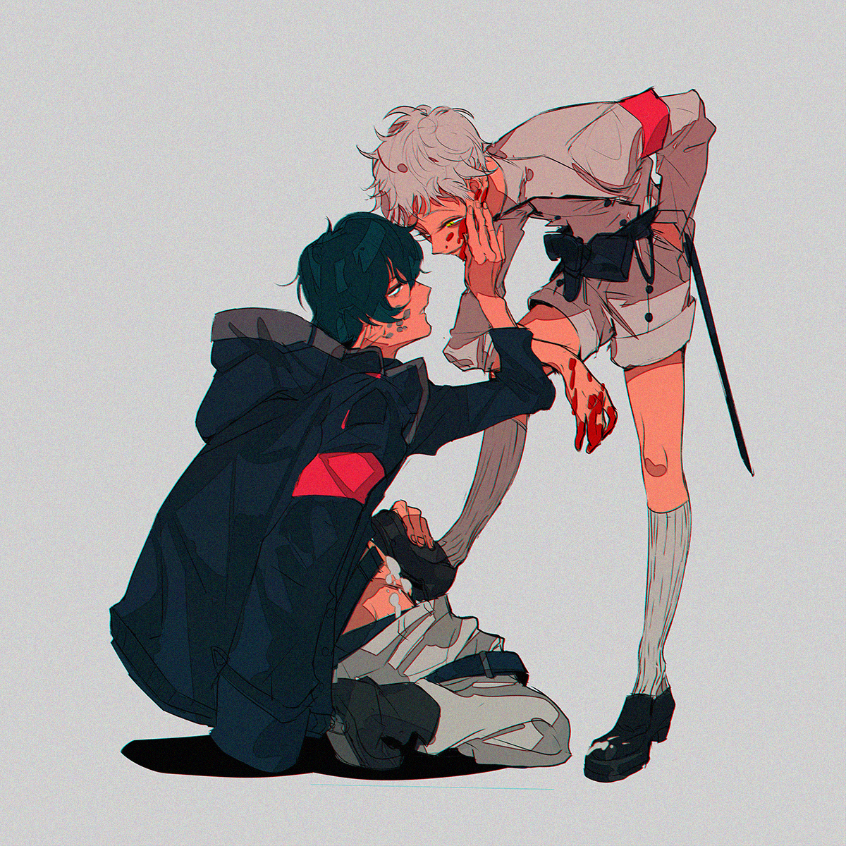 eucharist (susukinoo), faust (arknights), mephisto (arknights), arknights, commentary, highres, 2boys, armband, black hair, blood, blood on face, blood on hands, coat, eye contact, grey background, hand on another's face, hood, jacket, kneehighs, looking at another, male focus, multiple boys, pants, red armband, short hair, shorts, simple background, socks, sword, weapon, white hair, yaoi, yellow eyes