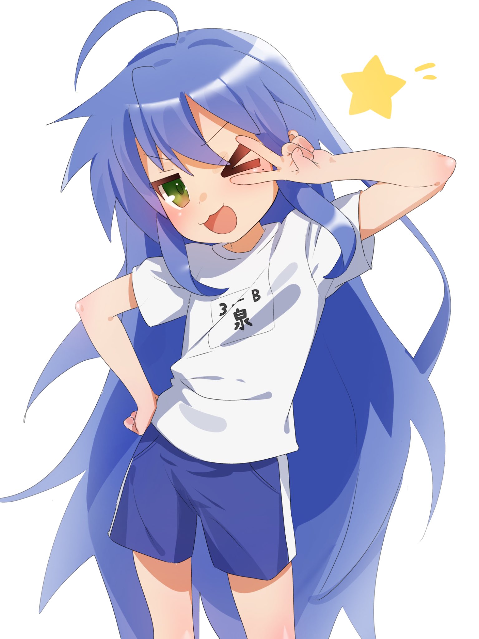 gsa082rnw, izumi konata, lucky star, commentary, highres, symbol-only commentary, 1girl, :3, ahoge, blue hair, blush, green eyes, gym uniform, hand on own hip, jitome, long hair, looking at viewer, mole, mole under eye, one eye closed, open mouth, shirt, shorts, smile, solo, star (symbol), t-shirt, v, v over eye, very long hair