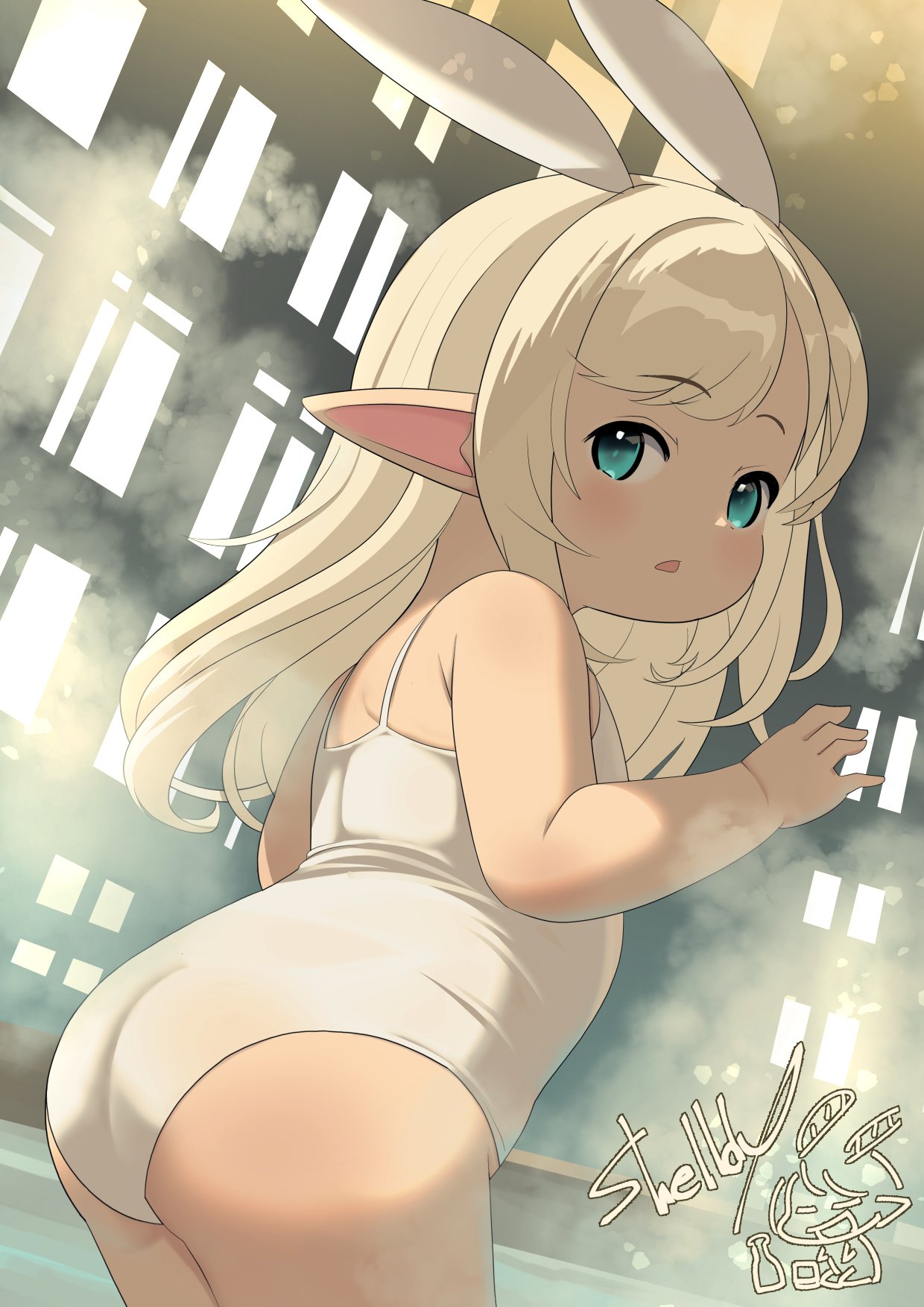 shelldy, final fantasy, final fantasy xiv, commentary request, highres, 1girl, animal ears, arm up, ass, blonde hair, blue eyes, fake animal ears, from behind, lalafell, long hair, looking back, one-piece swimsuit, onsen, open mouth, pointy ears, rabbit ears, solo, steam, swimsuit, thighs, wading, water, white one-piece swimsuit