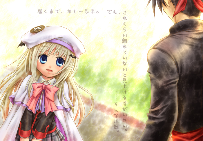 ali (artist), ali (maidoari), inohara masato, noumi kudryavka, little busters!, translation request, 1boy, 1girl, blonde hair, blue eyes, bow, cape, hat, long hair, pink bow, school uniform