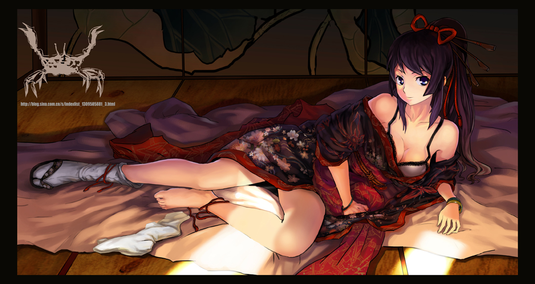 klamp, senjougahara hitagi, bakemonogatari, monogatari (series), 00s, 1girl, bare shoulders, barefoot, black hair, blue eyes, bra, bracelet, breasts, cleavage, feet, female focus, japanese clothes, jewelry, kimono, legs, lingerie, long hair, long legs, lying, on side, ponytail, single sock, smile, socks, solo, tabi, underwear