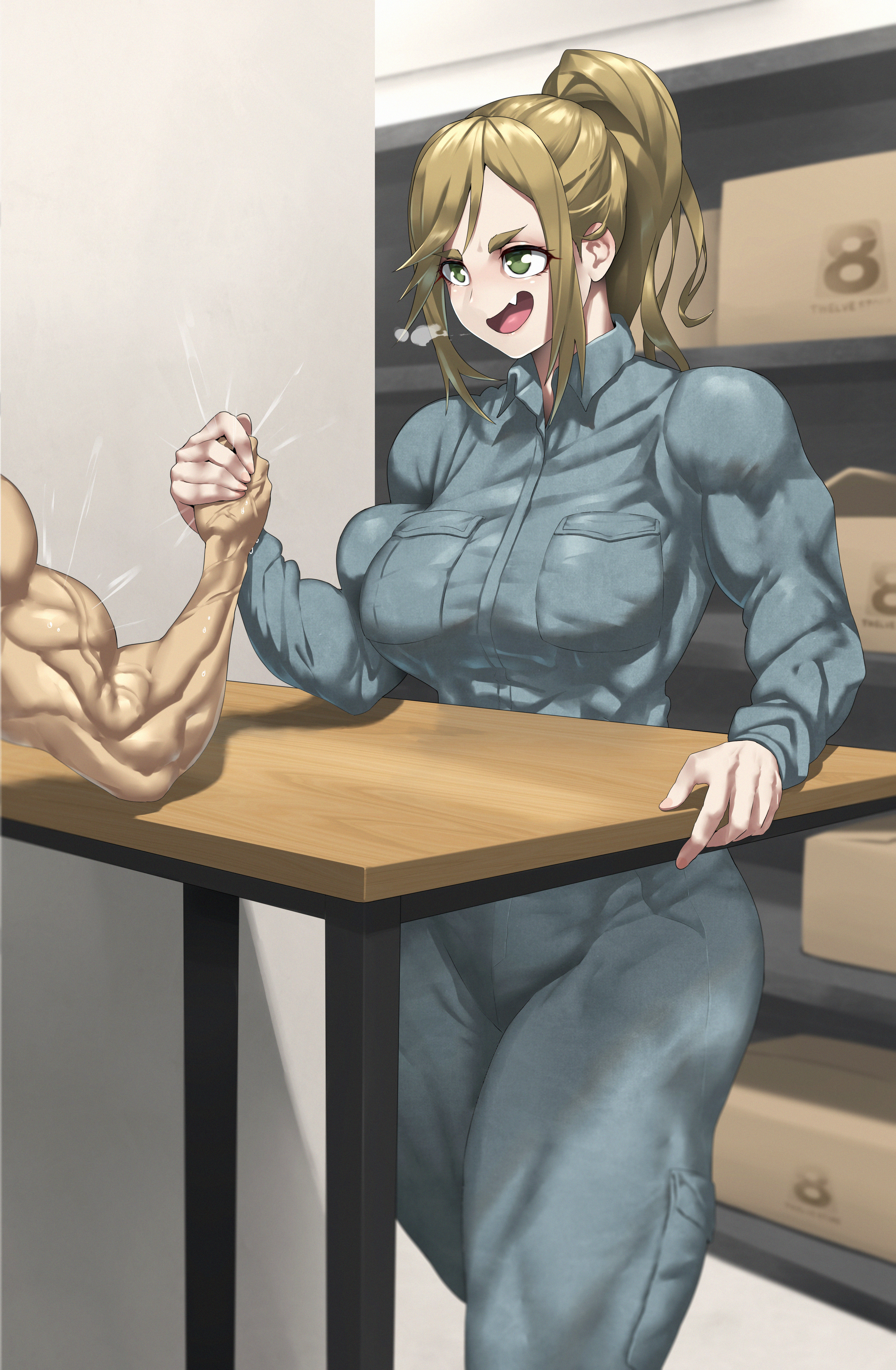qtime 702, inuyama aoi, original, yurucamp, absurdres, commentary request, highres, korean commentary, 1boy, 1girl, arm wrestling, bodysuit, box, breasts, breath, brown hair, fang, green eyes, jumpsuit, large breasts, muscular, muscular female, muscular male, ponytail, shelf, sigh, smile, sweat, table, thick thighs, thighs, tight clothes