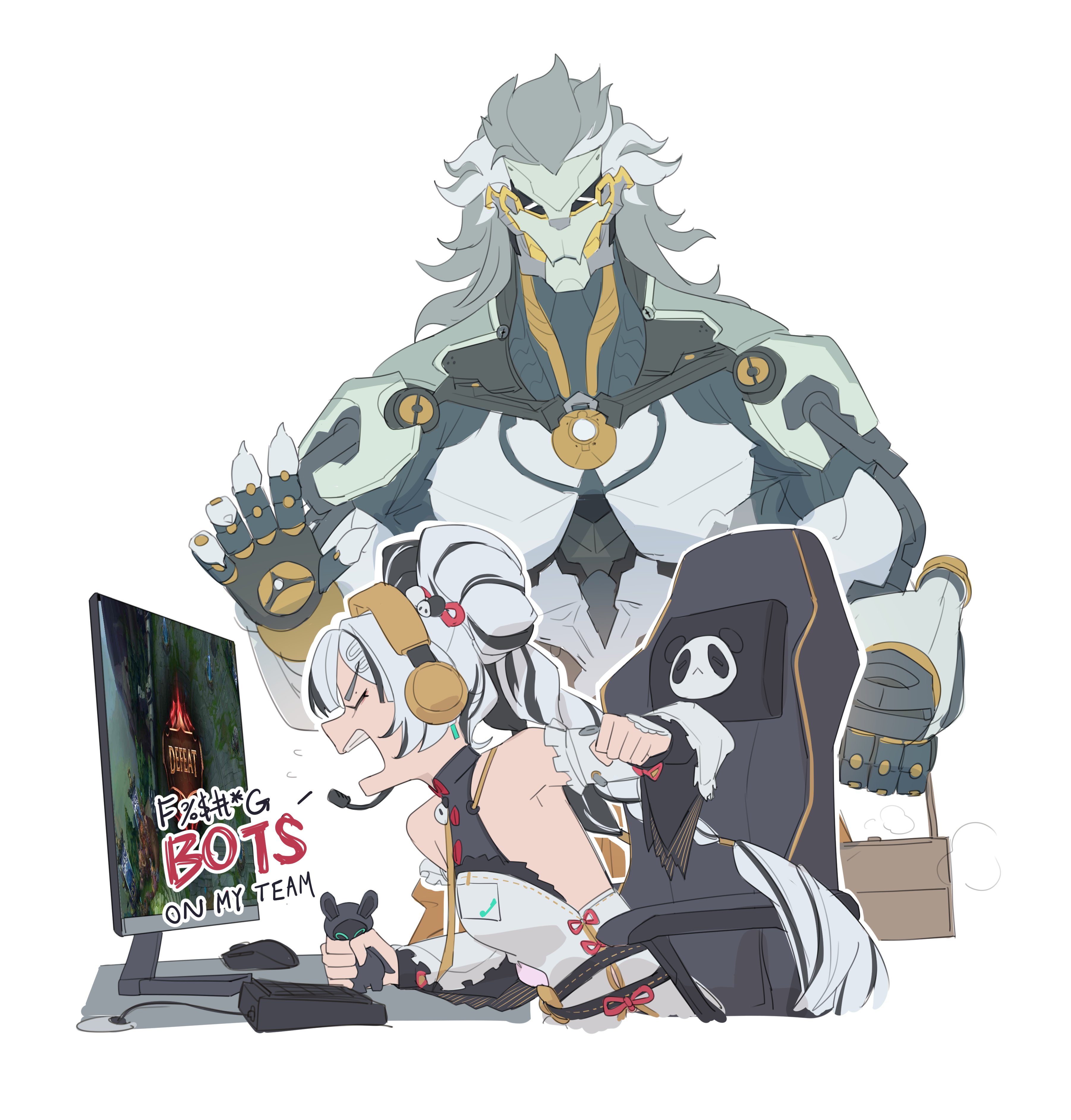 aragiken, banyue (zenless zone zero), dialyn (zenless zone zero), league of legends, zenless zone zero, absurdres, commentary, english commentary, highres, 1boy, 1girl, angry, chair, closed eyes, gaming chair, monitor, squeezing, swivel chair, white background