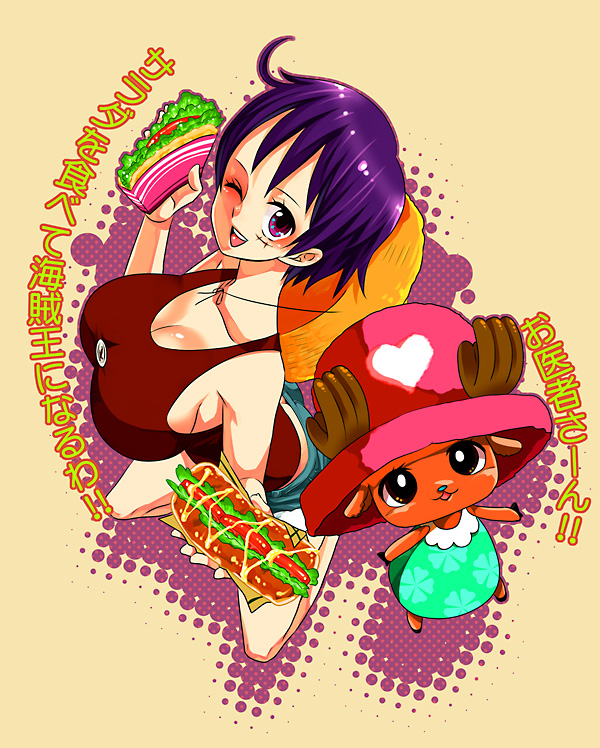 luffyko, monkey d. luffy, tony tony chopper, one piece, translated, 1girl, breasts, cleavage, genderswap, genderswap (mtf), hat, large breasts, pink hat, purple hair, scar, short hair, short shorts, shorts, straw hat, top hat