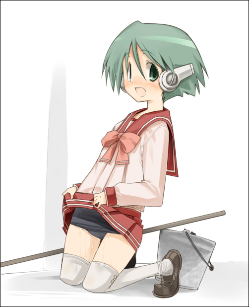 aka ume, multi (to heart), to heart, to heart (series), 1girl, blush, bucket, clothes lift, female focus, green eyes, green hair, matching hair/eyes, one-piece swimsuit, peeing, peeing self, pussy juice, robot ears, school swimsuit, school uniform, serafuku, short hair, skirt, skirt lift, solo, swimsuit, swimsuit under clothes, thighhighs, zettai ryouiki