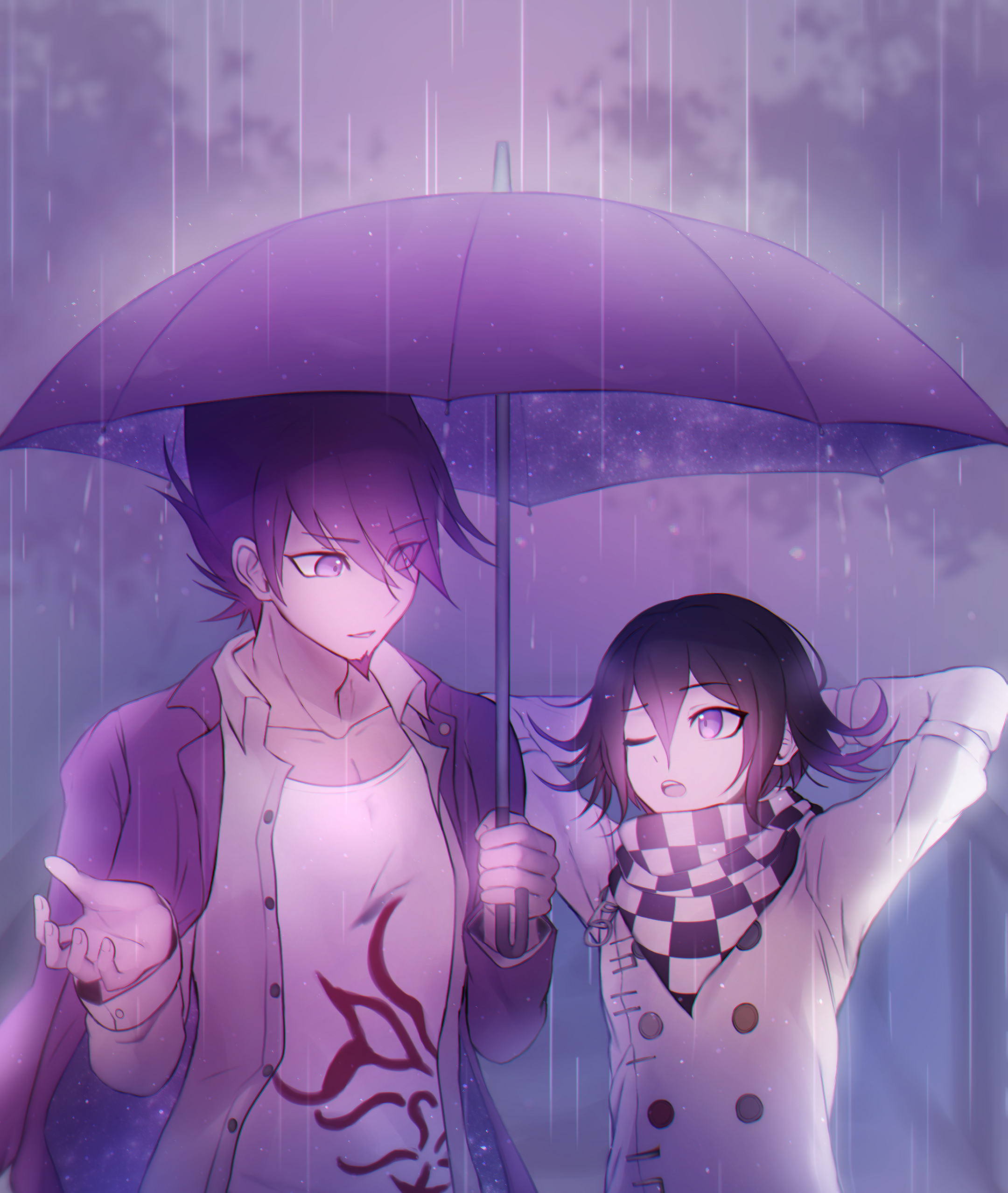 tokilos, momota kaito, oma kokichi, danganronpa (series), danganronpa v3: killing harmony, absurdres, commentary, highres, 2boys, arms behind head, black hair, buttons, checkered clothes, checkered scarf, collarbone, collared jacket, facial hair, flipped hair, goatee, hair between eyes, height difference, holding, holding umbrella, jacket, long sleeves, male focus, multicolored buttons, multiple boys, one eye closed, open clothes, open mouth, purple eyes, purple facial hair, purple hair, purple theme, purple umbrella, rain, scarf, shared umbrella, shirt, short hair, space print, spiked hair, starry sky print, talking, two-tone scarf, umbrella, upper body
