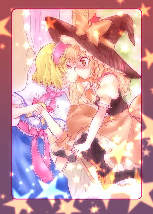 masuyama kei, alice margatroid, kirisame marisa, shanghai doll, touhou, 2girls, blush, closed eyes, covering face, covering own eyes, covering privates, female focus, hat, kiss, multiple girls, witch, witch hat, yuri