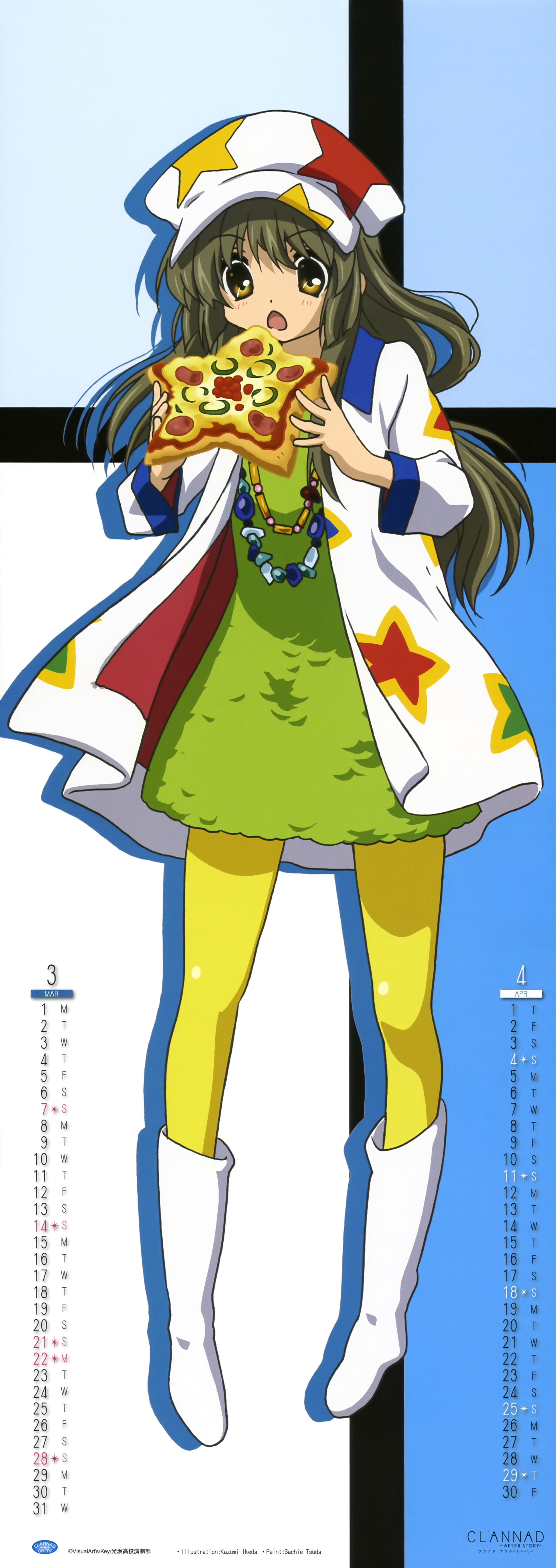 ikeda kazumi, ibuki fuuko, clannad, absurdres, highres, long image, official art, tall image, 00s, 1girl, boots, bread, calendar, female focus, food, hat, jewelry, mod fashion, necklace, pantyhose, pizza, solo, starfish, yellow pantyhose