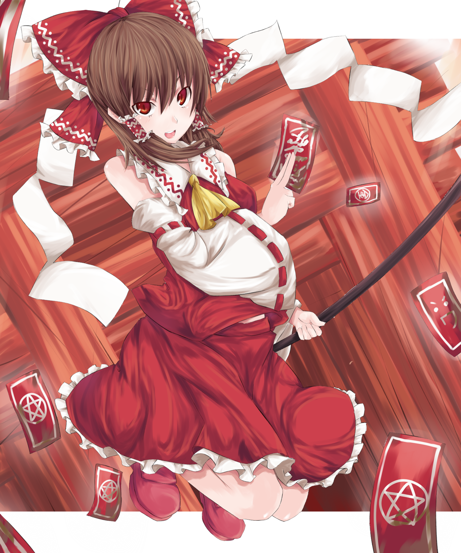 arcadia090, hakurei reimu, touhou, bad id, bad pixiv id, highres, 1girl, bow, brown hair, detached sleeves, female focus, full body, gohei, hair bow, japanese clothes, miko, ofuda, open mouth, red eyes, short hair, smile, solo, torii