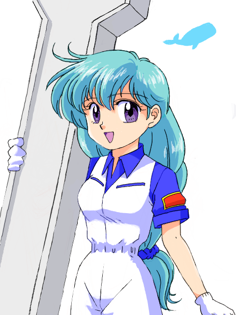 tenjouin katsura, yat anshin uchuu ryokou, tagme, 1990s (style), blue hair, flight attendant, long hair, retro artstyle, smile, travel attendant