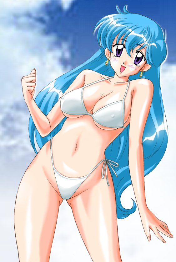 tenjouin katsura, yat anshin uchuu ryokou, tagme, 1990s (style), beach, bikini, blue hair, flight attendant, long hair, retro artstyle, smile, swimsuit, travel attendant, very long hair