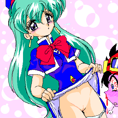 tenjouin katsura, yat anshin uchuu ryokou, lowres, tagme, 1990s (style), blood, blue hair, flight attendant, jaggy lines, long hair, nosebleed, oekaki, retro artstyle, travel attendant, uncensored