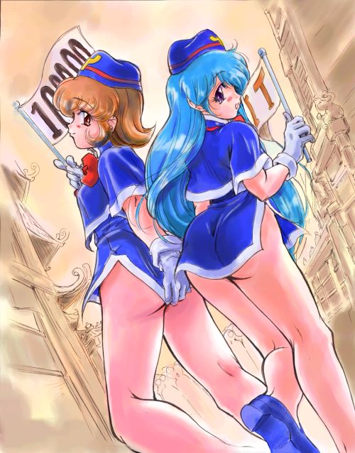 furansowazu monika, tenjouin katsura, yat anshin uchuu ryokou, 1990s (style), 2girls, ass, blue hair, covering ass, covering privates, dress, dress tug, flight attendant, legs, long hair, microdress, multiple girls, no panties, retro artstyle, short dress, thighs, travel attendant