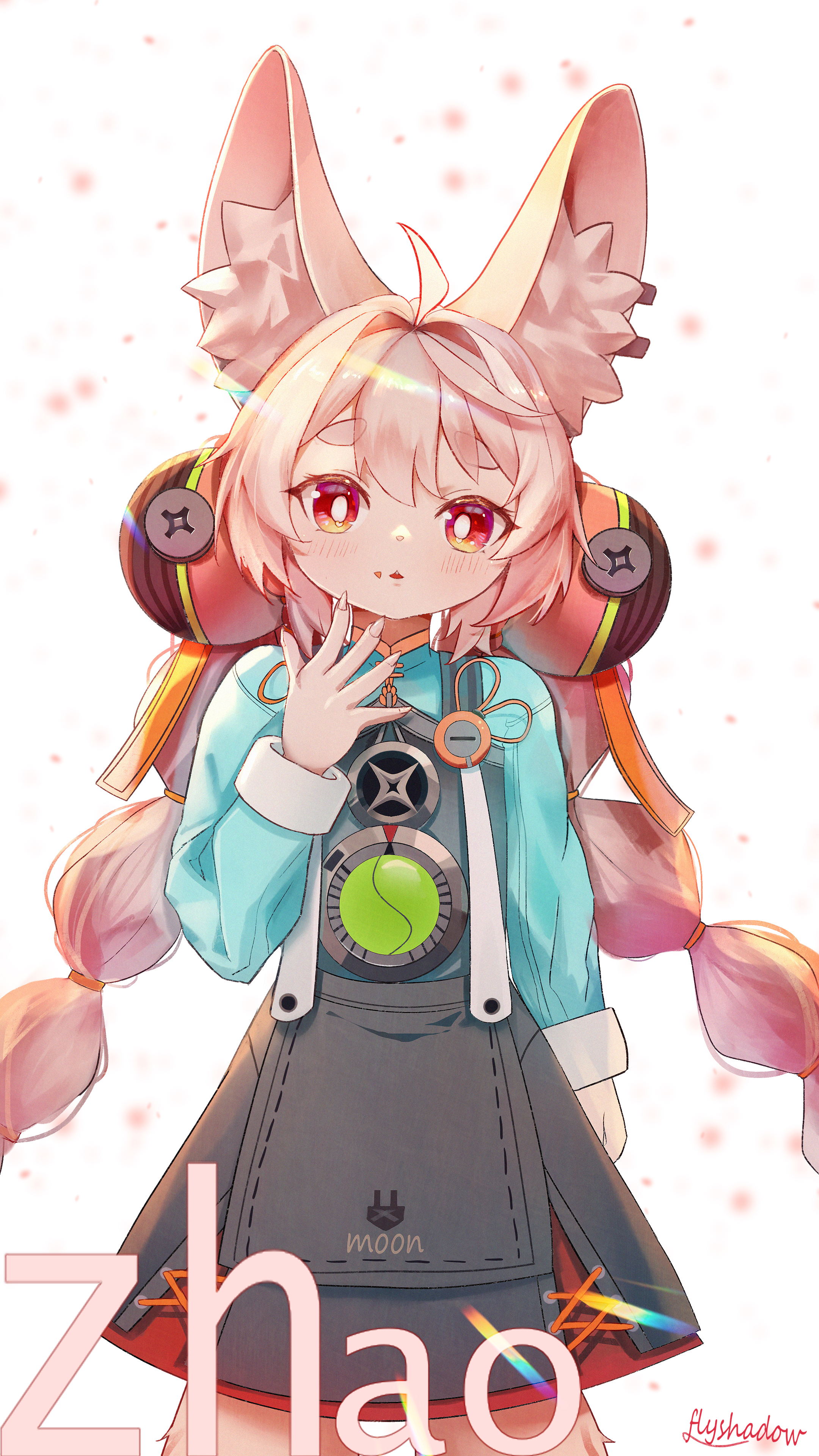 flyshadow, zhao (zenless zone zero), zenless zone zero, absurdres, commentary request, highres, 1girl, ahoge, animal ear fluff, animal ears, artist name, black dress, blue shirt, braid, character name, dress, hair intakes, hair ornament, hand up, long hair, looking at viewer, pinafore dress, pink hair, rabbit ears, rabbit girl, red eyes, shirt, sleeveless, sleeveless dress, solo, sphere hair ornament, thick eyebrows, twin braids, very long hair