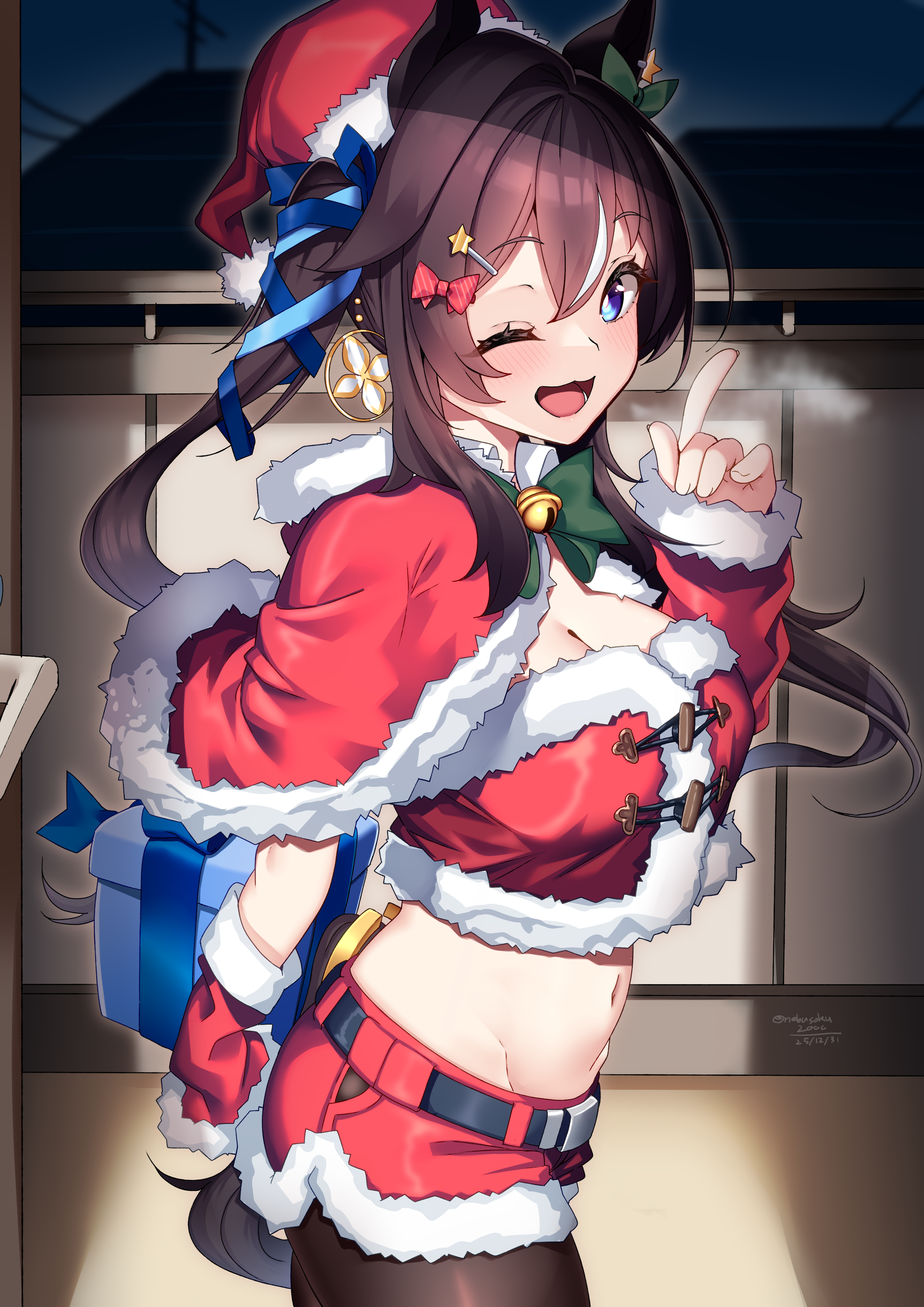 nebusoku, vivlos (umamusume), umamusume, absurdres, commentary request, highres, 1girl, ;3, animal ears, black hair, blush, breasts, capelet, cleavage, fur-trimmed capelet, fur-trimmed tube top, fur trim, hat, horse ears, horse girl, long hair, looking at viewer, medium breasts, midriff, multicolored hair, one eye closed, open mouth, pantyhose, red capelet, red hat, red shorts, red tube top, santa costume, santa hat, short shorts, shorts, smile, solo, strapless, streaked hair, tube top, white streaks