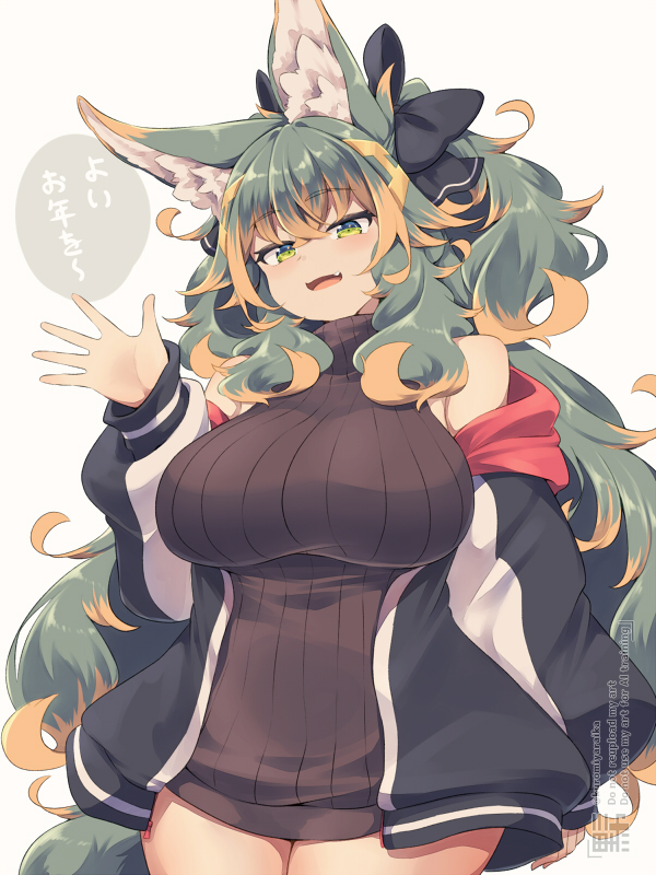 kuromiya, kuromiya raika (kuromiya), original, commentary request, translation request, 1girl, animal ears, black sweater, breasts, green eyes, green hair, large breasts, looking at viewer, multicolored hair, open mouth, orange hair, solo, speech bubble, sweater, two-tone hair