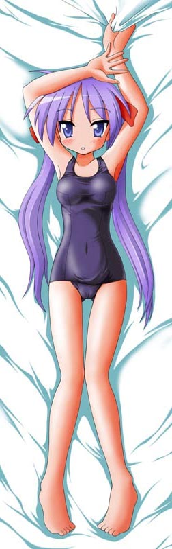 final (artist), narurun (final123), hiiragi kagami, lucky star, long image, tall image, 00s, 1girl, bad anatomy, bad feet, barefoot, bed sheet, blue eyes, blush, cameltoe, covered navel, dakimakura (medium), feet, female focus, full body, hair ribbon, long hair, navel, one-piece swimsuit, poorly drawn, purple hair, ribbon, school swimsuit, sheet grab, solo, swimsuit, tsurime, twintails