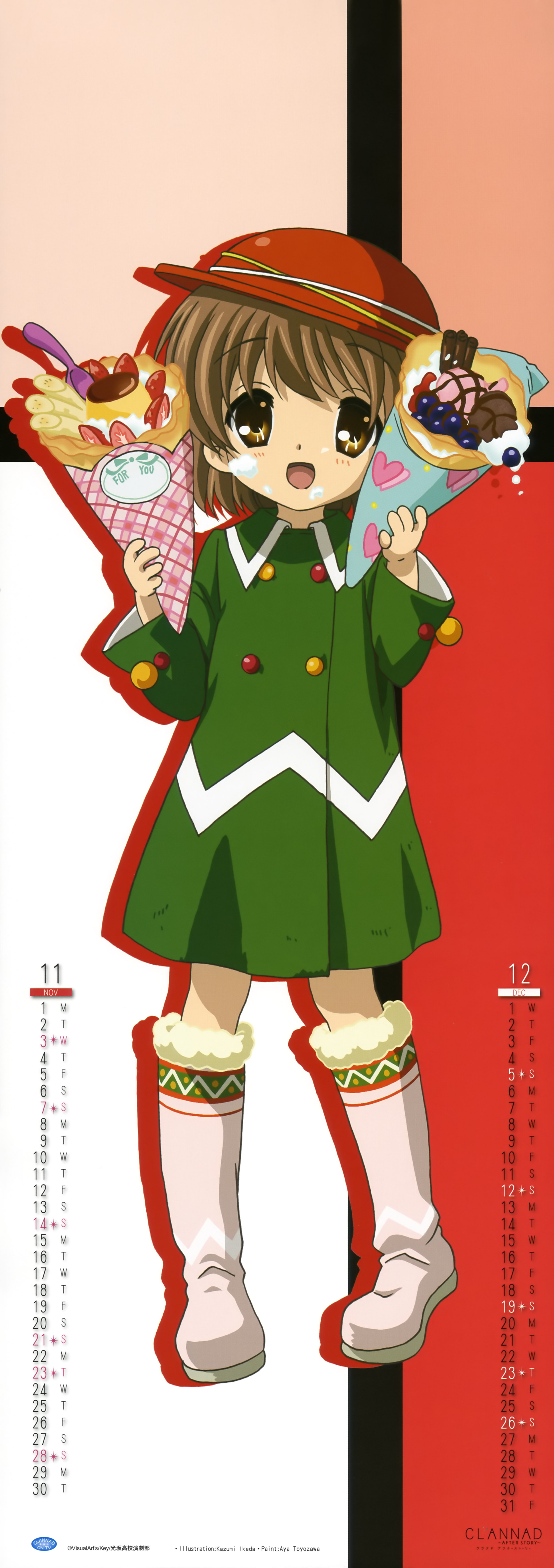 ikeda kazumi, okazaki ushio, clannad, absurdres, highres, long image, official art, tall image, 00s, boots, brown eyes, brown hair, calendar, child, crepe, food, food on face, hat, mod fashion, open mouth, short hair