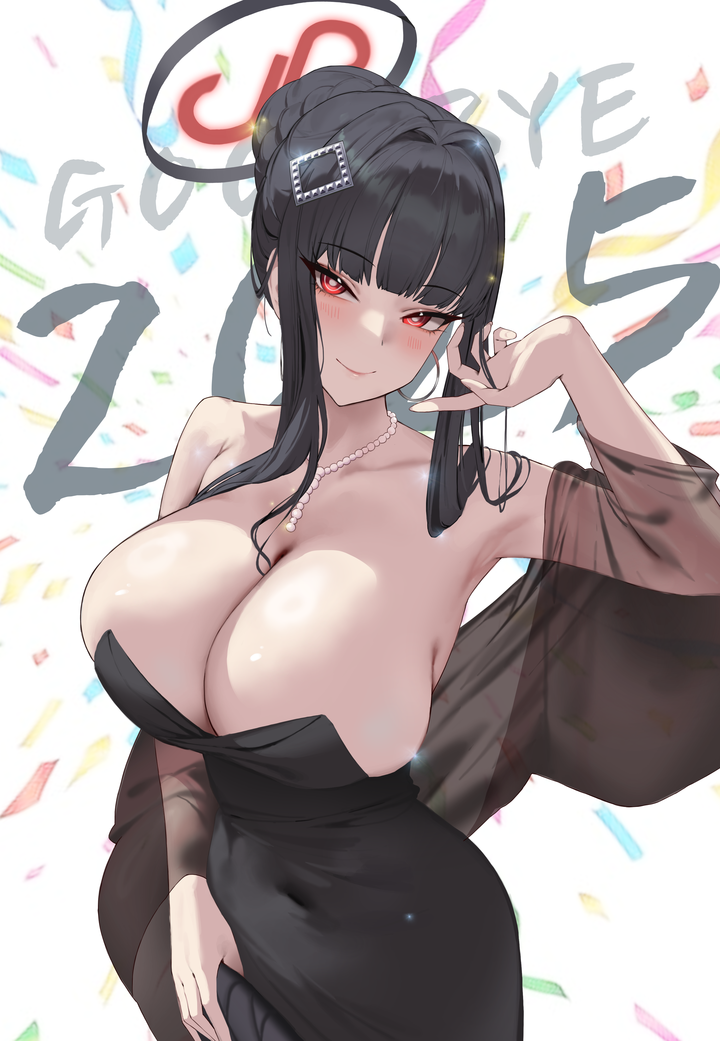 nankam76, rio (blue archive), rio (dress) (blue archive), blue archive, absurdres, commentary, highres, 1girl, arm up, armpits, bag, black dress, black hair, blunt bangs, blush, braid, braided bun, breasts, collarbone, confetti, covered navel, dress, fingernails, hair bun, hair intakes, halo, handbag, holding, holding bag, huge breasts, jewelry, looking at viewer, necklace, official alternate costume, red eyes, ring light reflection, see-through clothes, see-through shawl, shawl, sidelocks, single hair bun, smile, solo, strapless, strapless dress, streamers
