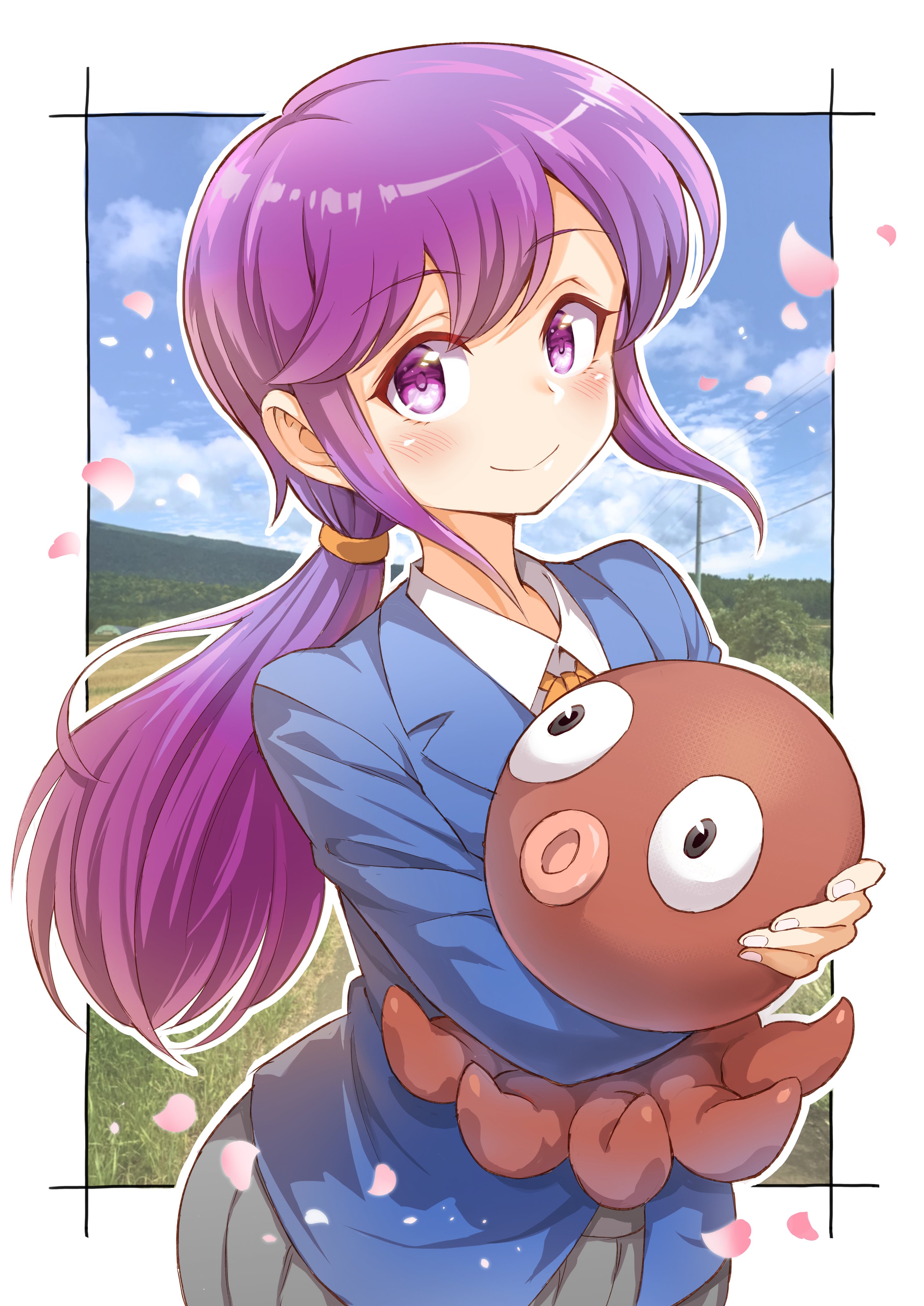 shindou asuka (power pocket), jikkyou powerful pro yakyuu, power pro kun pocket, power pro kun pocket 1, absurdres, commentary request, highres, 1girl, blazer, blue jacket, border, closed mouth, grey skirt, holding, holding stuffed toy, jacket, long hair, looking at viewer, low ponytail, outside border, pawahotel3021, petals, pink petals, ponytail, purple eyes, purple hair, school uniform, shirt, skirt, solo, stuffed animal, stuffed octopus, stuffed toy, white border, white shirt