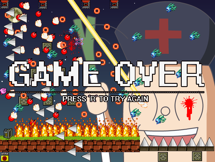 kirby, the kid, yagokoro, castlevania (series), i wanna be the guy, kirby (series), metroid, nintendo, touhou, bad id, bad pixiv id, 1girl, blood, failure, female focus, fire, food, fruit, game over, laser, moon, solo, spring onion